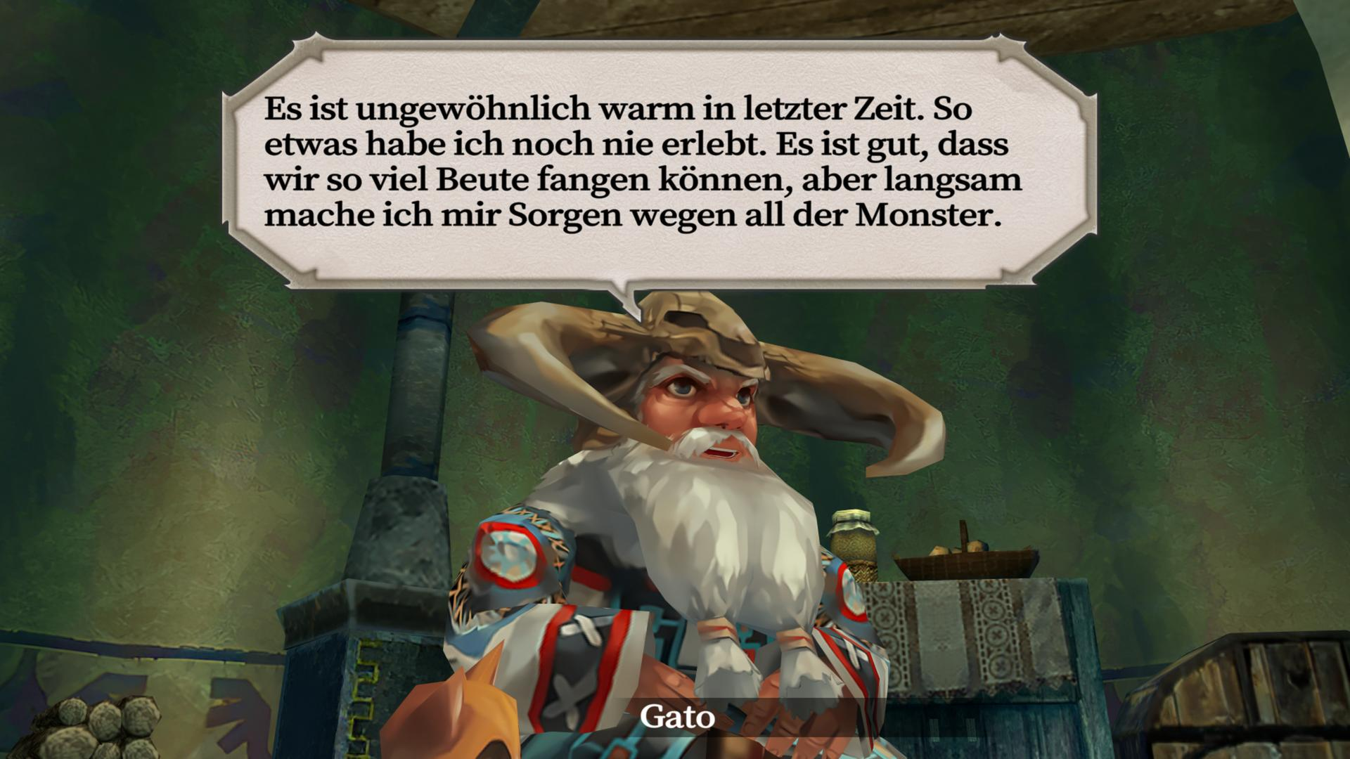 Ein alter Mann mit langem, weißem Bart und Hörnern spricht. Er befindet sich in einem Raum mit einem Tisch, einem Korb und Text über ihm.