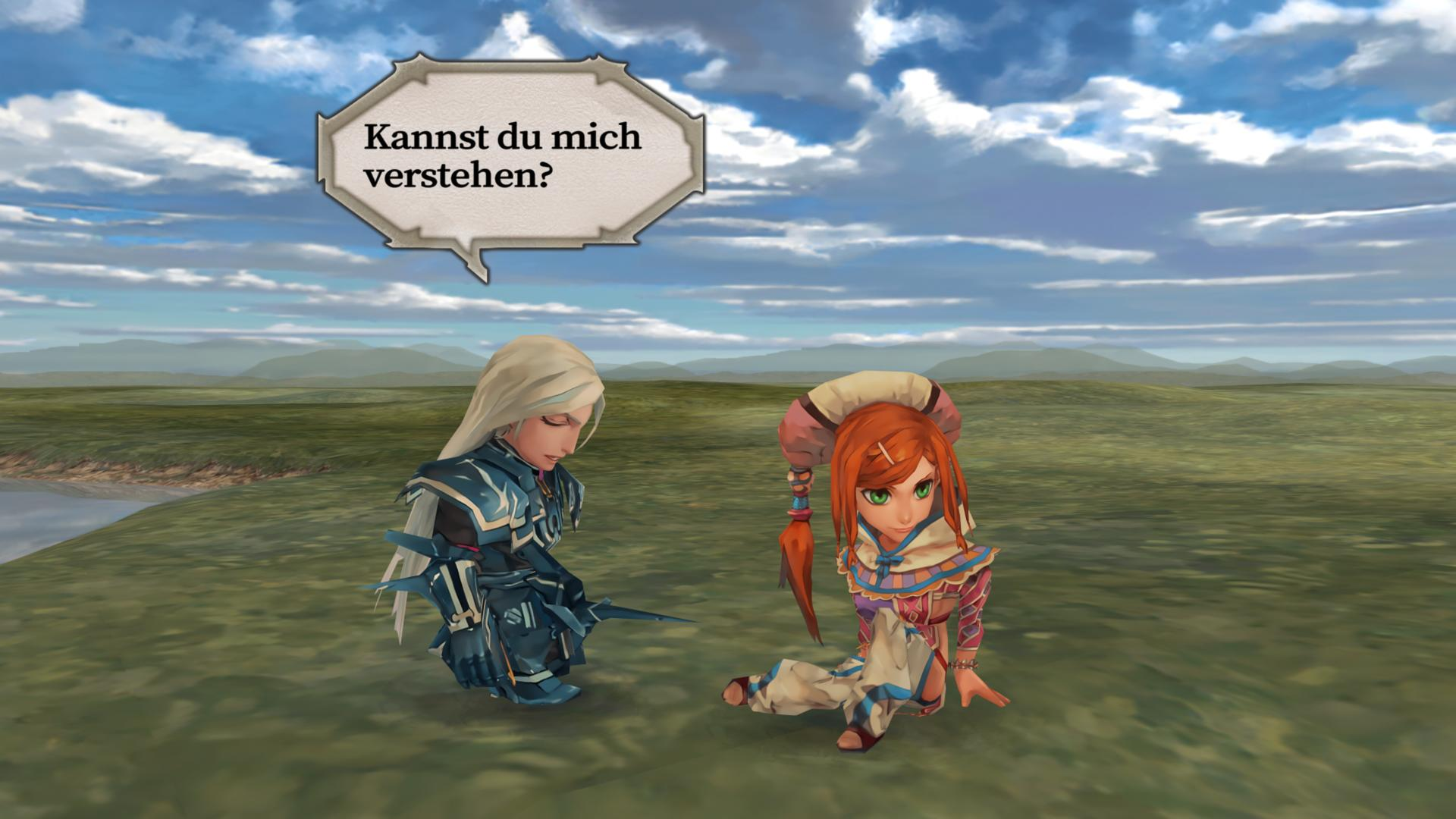 Zwei Anime-Charaktere auf einem Feld. Einer kniet. Eine Sprechblase sagt: „Kannst du mich verstehen?“ Blauer Himmel mit Wolken.