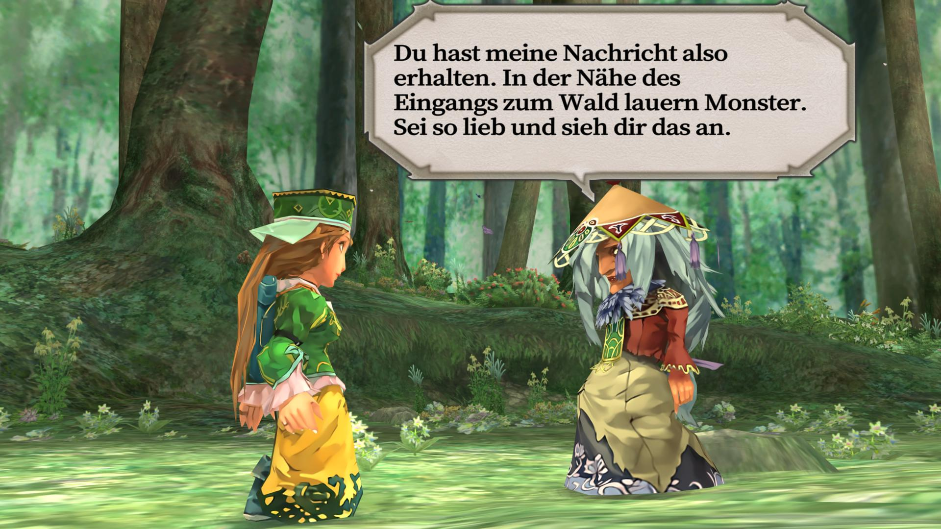 Zwei Figuren unterhalten sich in einem Wald. Eine in Grün, die andere mit Hut. Eine Sprechblase enthält deutschen Text.