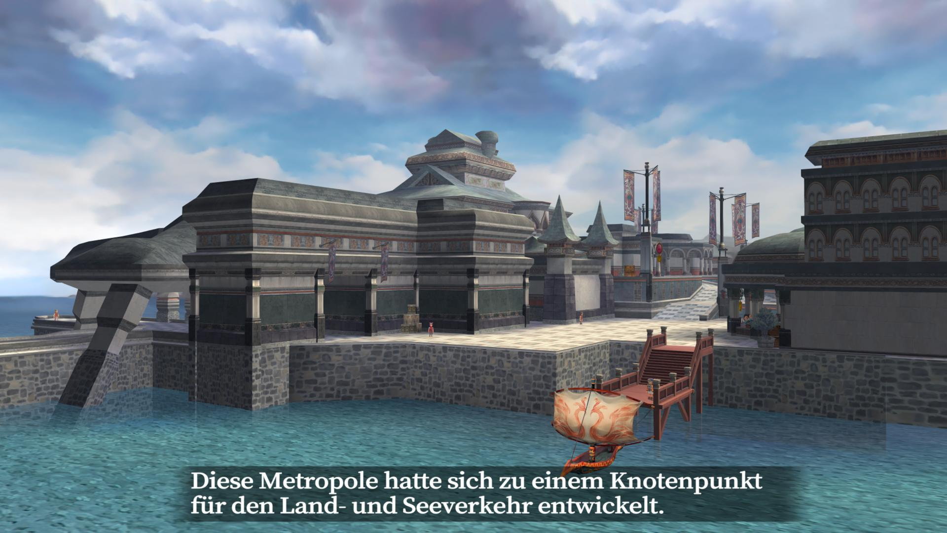Eine Küstenstadt mit Gebäuden, einem kleinen Boot und einer Brücke. Der Himmel ist bewölkt und das Wasser ruhig.