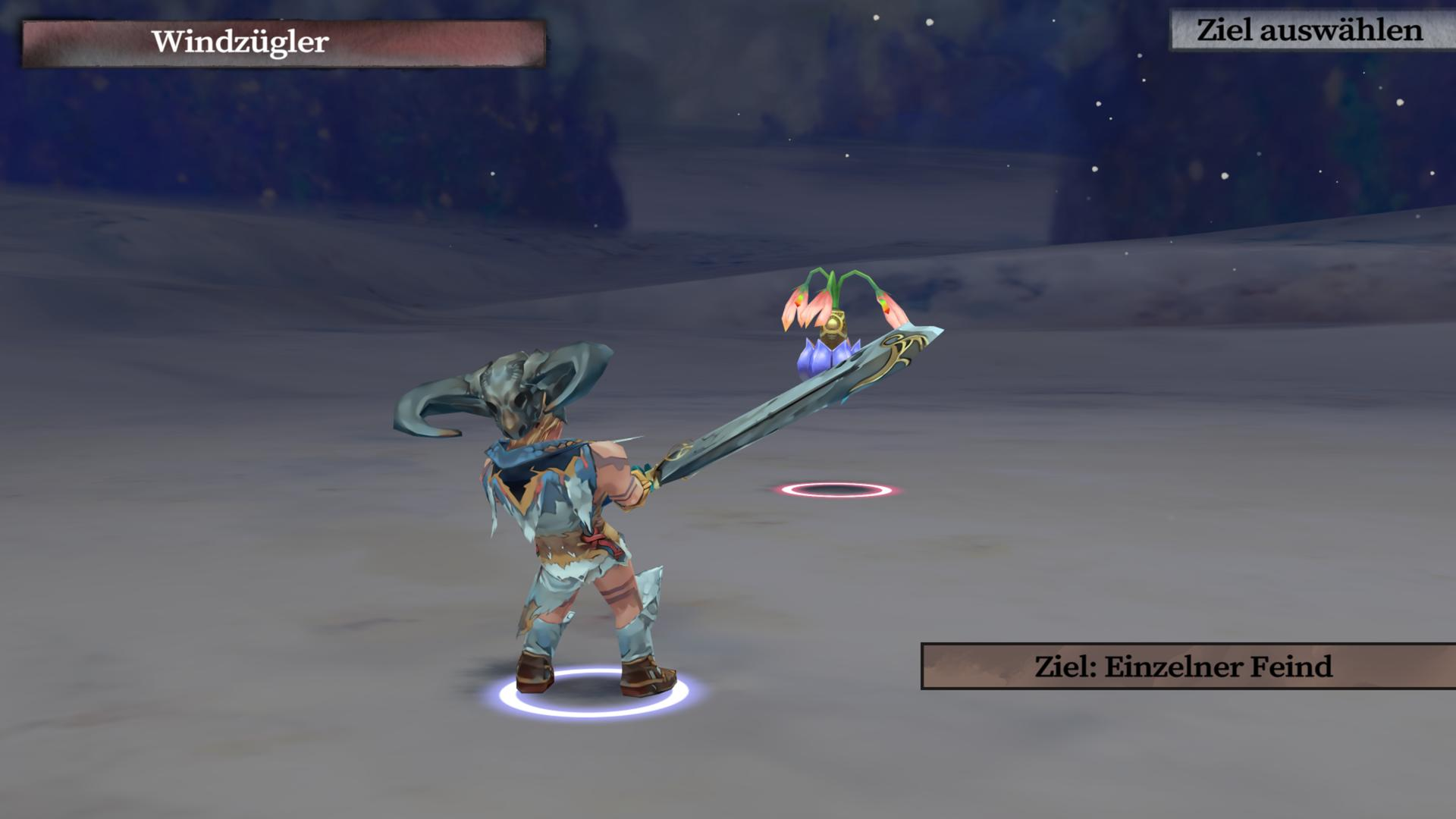 Ein Charakter in einem Spiel, der ein Schwert hält. Der Hintergrund ist eine verschneite Landschaft mit Textfeldern.