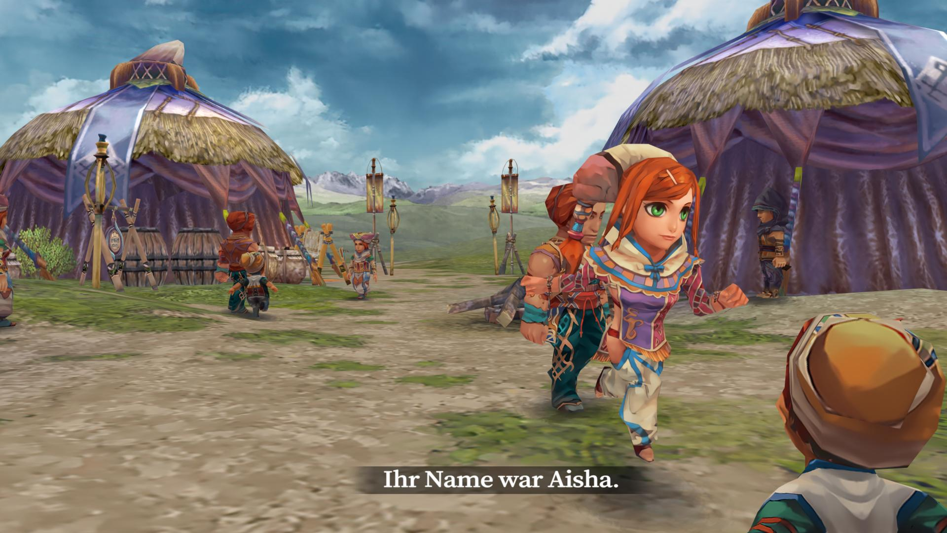 Ein Mädchen mit roten Haaren und grünen Augen geht vorwärts. Im Hintergrund sind andere Personen und Zelte zu sehen. Der Himmel ist bewölkt.
