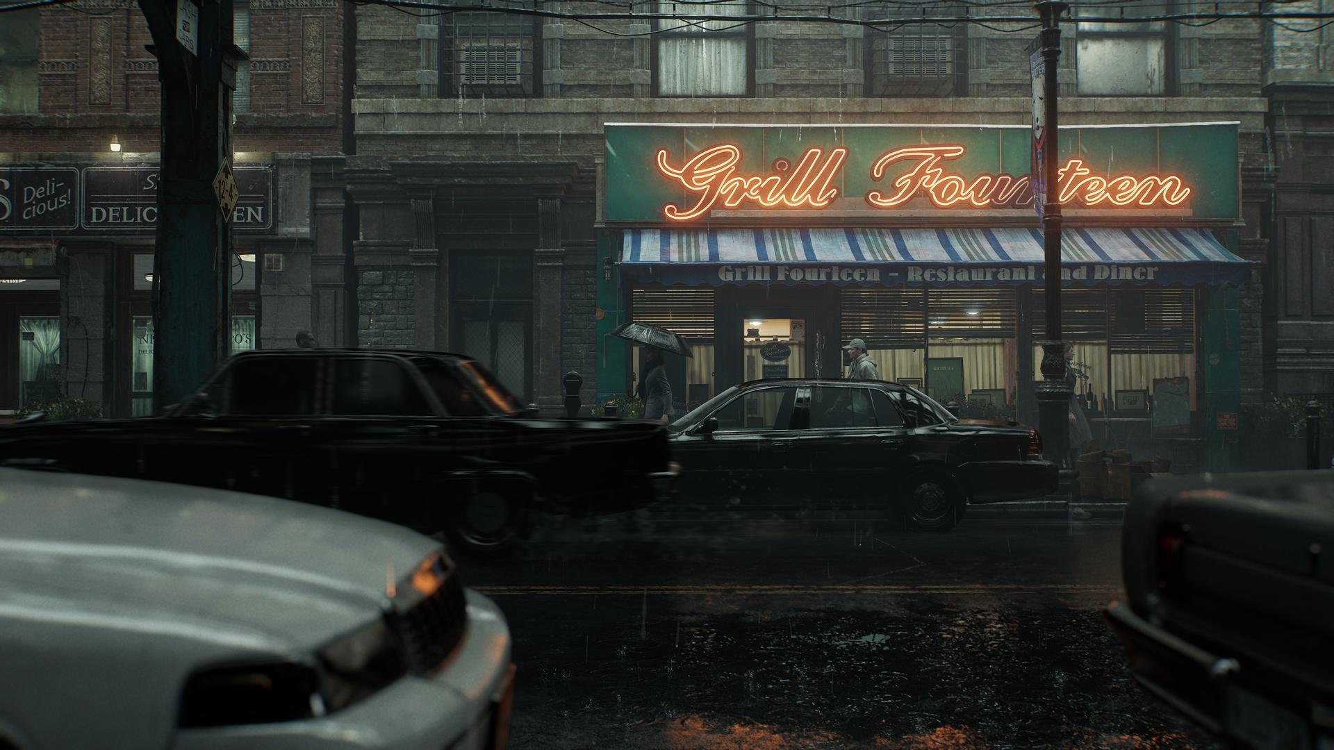 Regenreiche Stadtstraße mit einem Restaurant-Schild, 'Grill Fourteen'. Autos und Fußgänger sind sichtbar. Nasse Straße reflektiert Lichter.