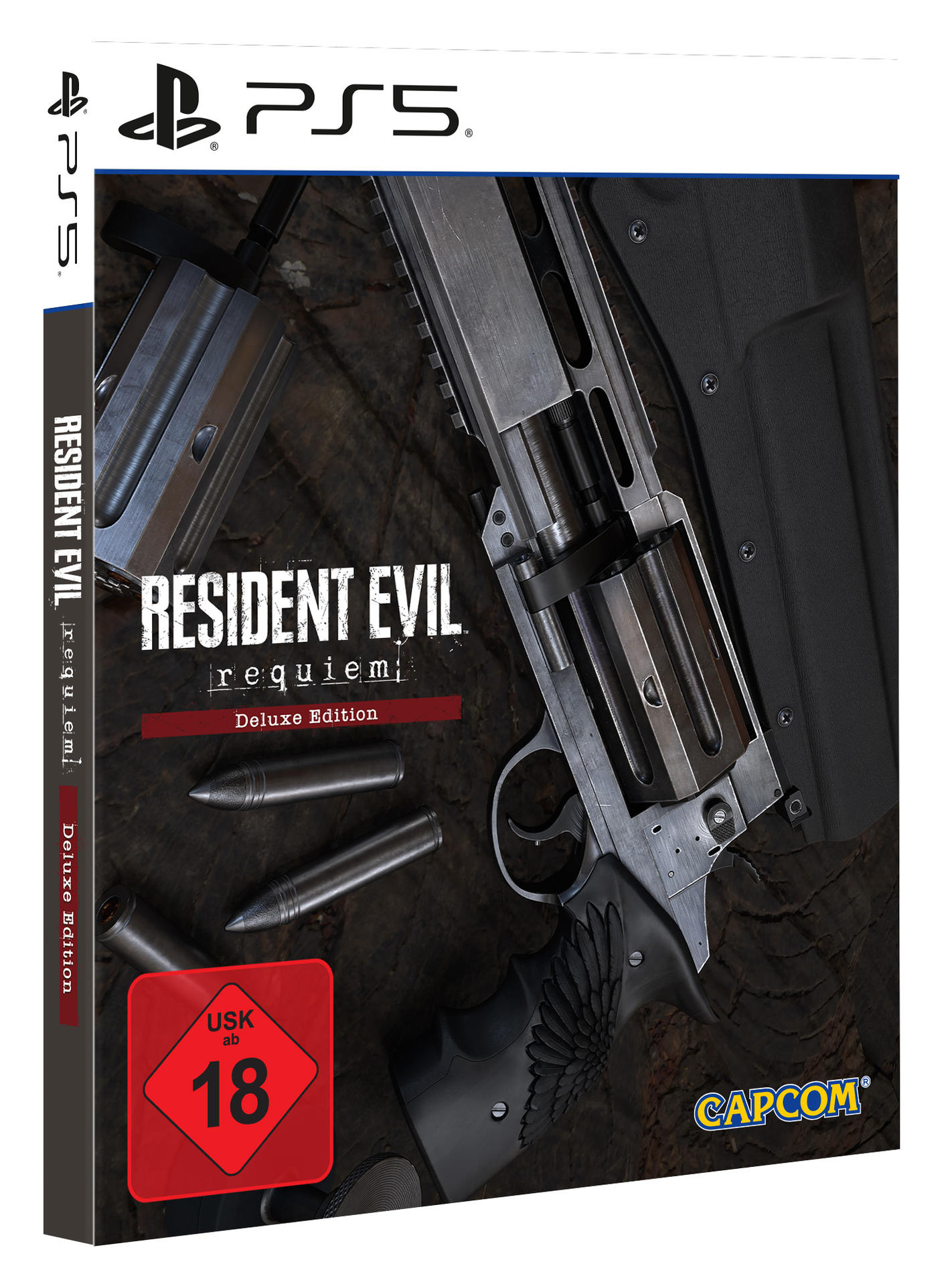 Spiel-Box-Art für Resident Evil: Requiem Deluxe Edition. Zeigt einen Revolver, Kugeln und das PS5-Logo. Inklusive Altersfreigabe.