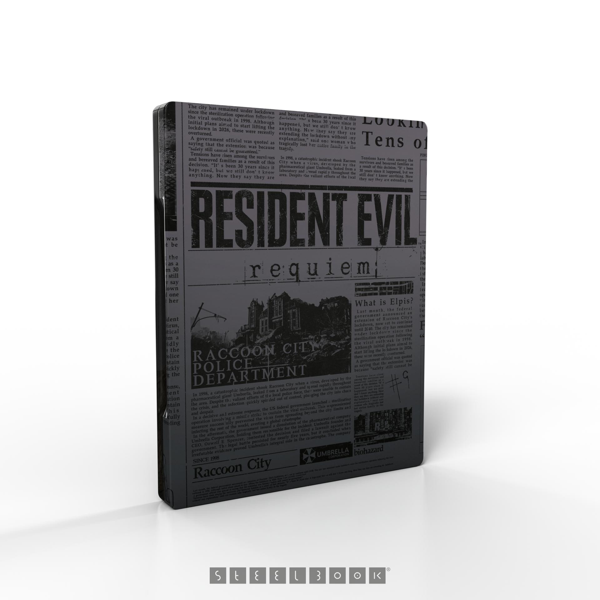 Steelbook-Hülle für Resident Evil Requiem, mit Zeitungsdesign und Raccoon City Police Department.