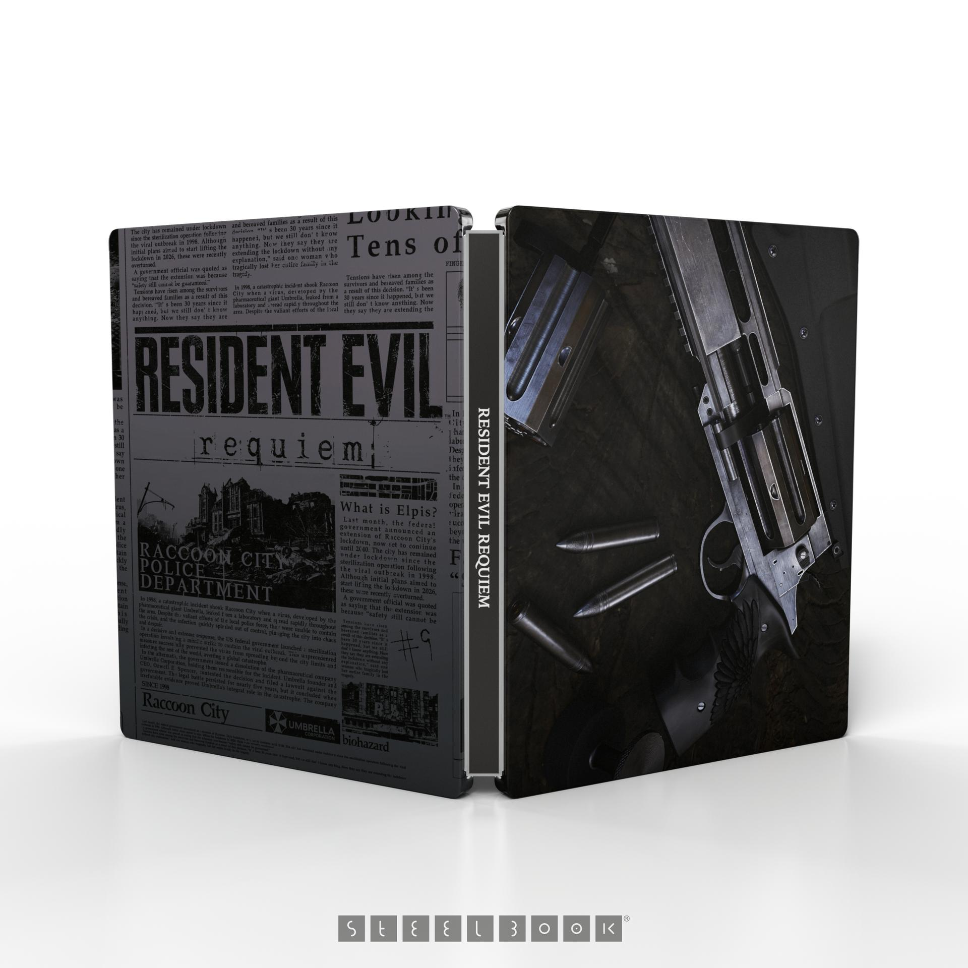 Das Bild zeigt ein Steelbook mit einer Waffe und dem Text Resident Evil Requiem.
