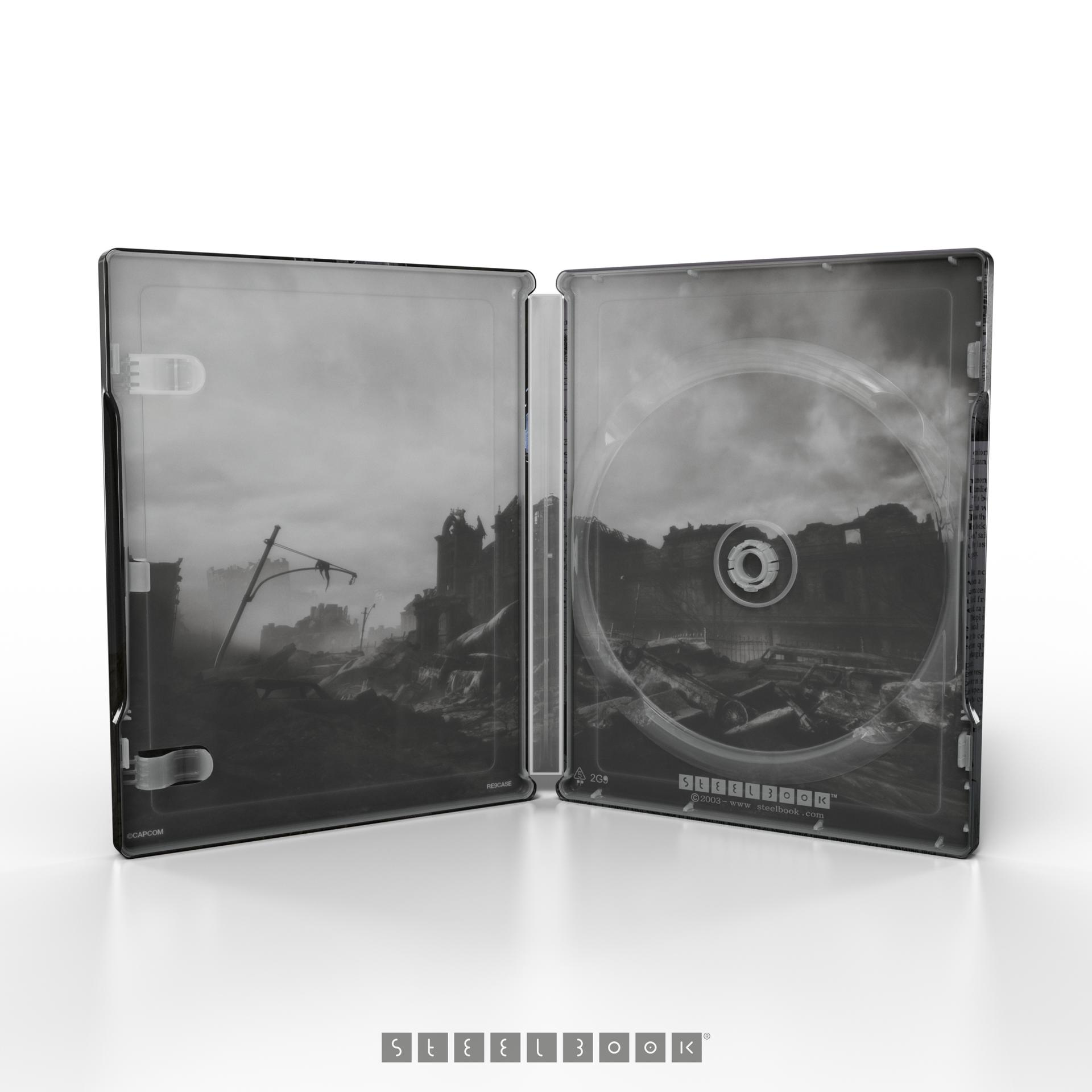Geöffnete Steelbook-Hülle mit postapokalyptischer Szene. Ruinen, ein bewölkter Himmel und eine CD sind sichtbar.