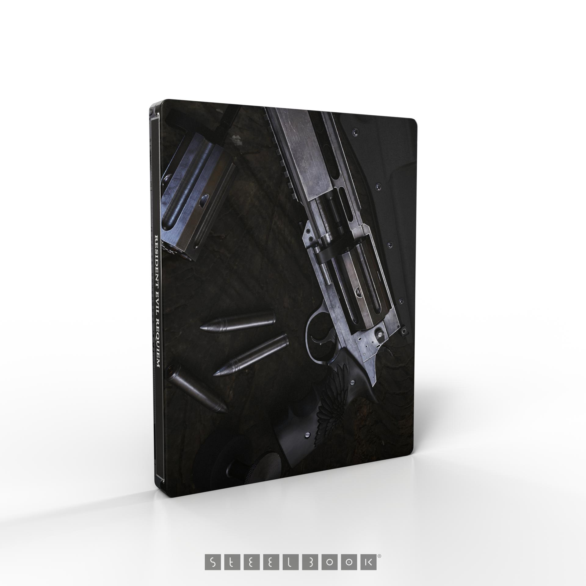 Steelbook-Cover mit Revolver, Kugeln und Text 'Resident Evil Requiem' auf dunkler Oberfläche.