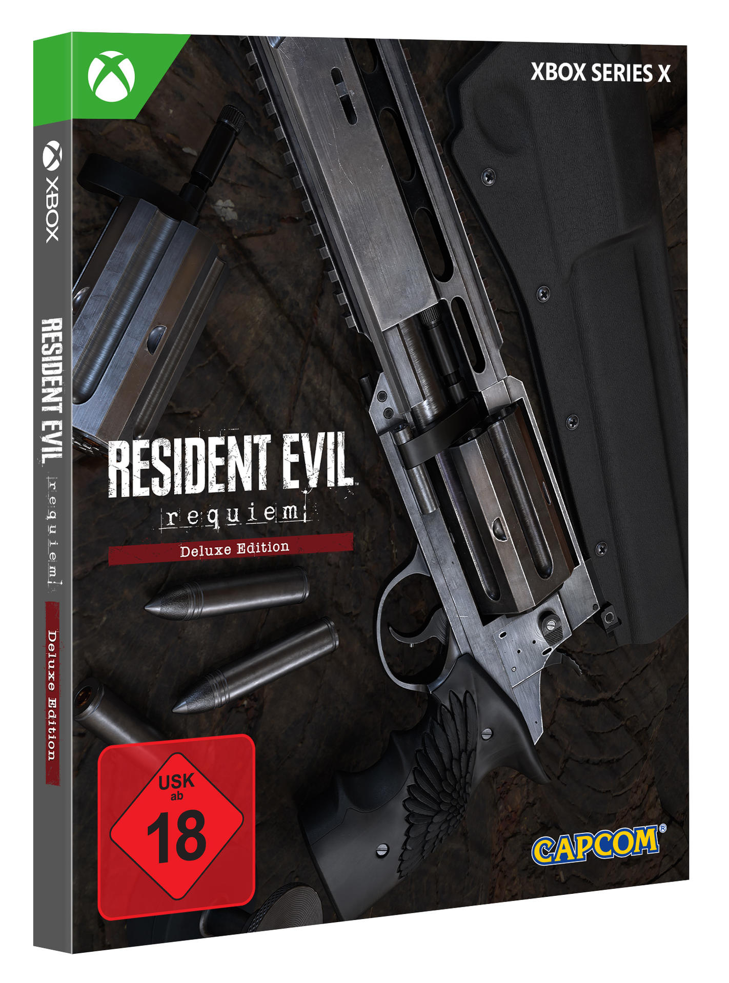 Spielbox-Art für Resident Evil: Requiem Deluxe Edition. Zeigt einen Revolver und Patronen auf einem Holzgrund, plus USK 18-Rating.