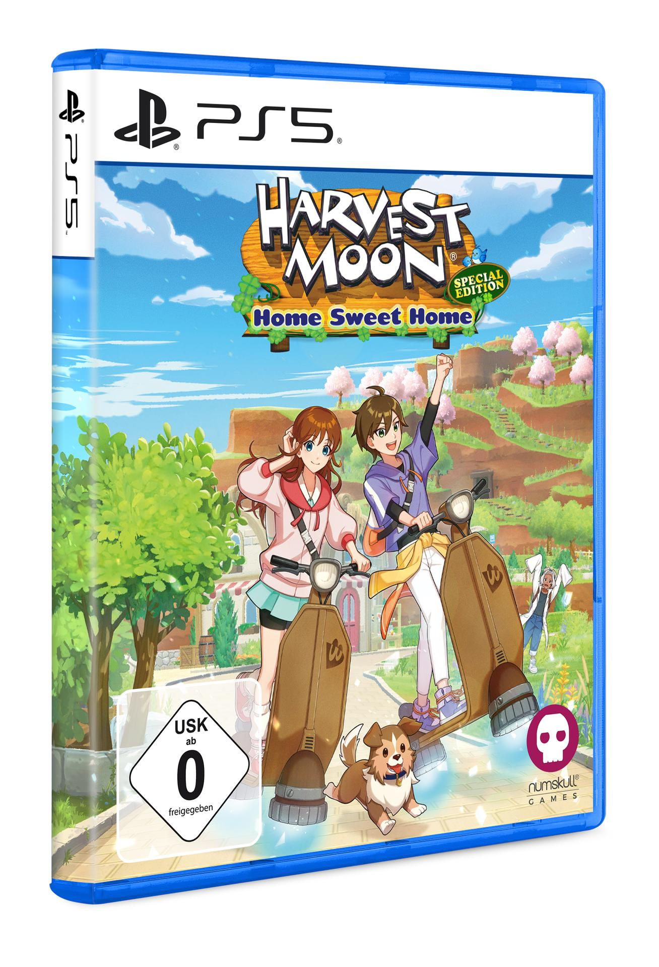 Cover-Art für das Harvest Moon-Spiel. Zwei Charaktere fahren Roller. Ein Hund rennt davor. Titel: Home Sweet Home.
