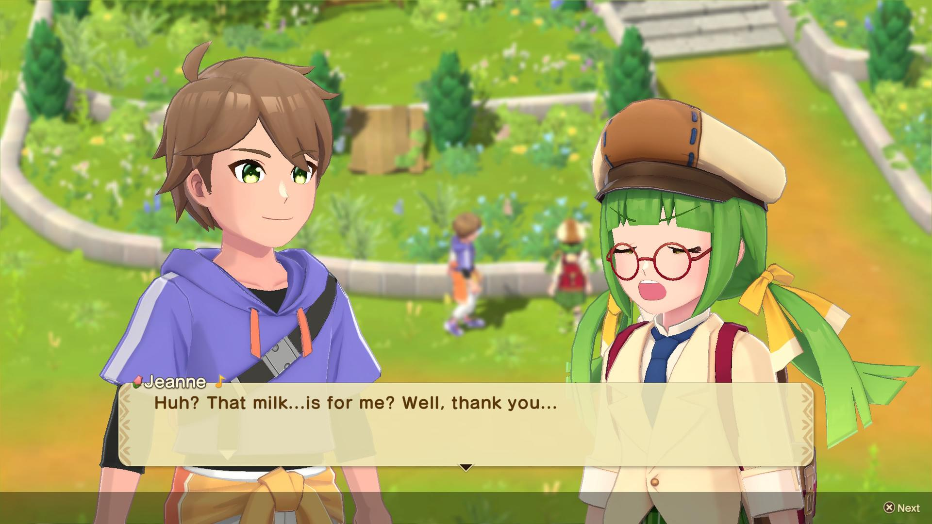 Zwei Anime-Charaktere in einem Park. Einer mit braunen Haaren und blauem Hoodie. Der andere mit grünen Haaren und Brille. Sie unterhalten sich.