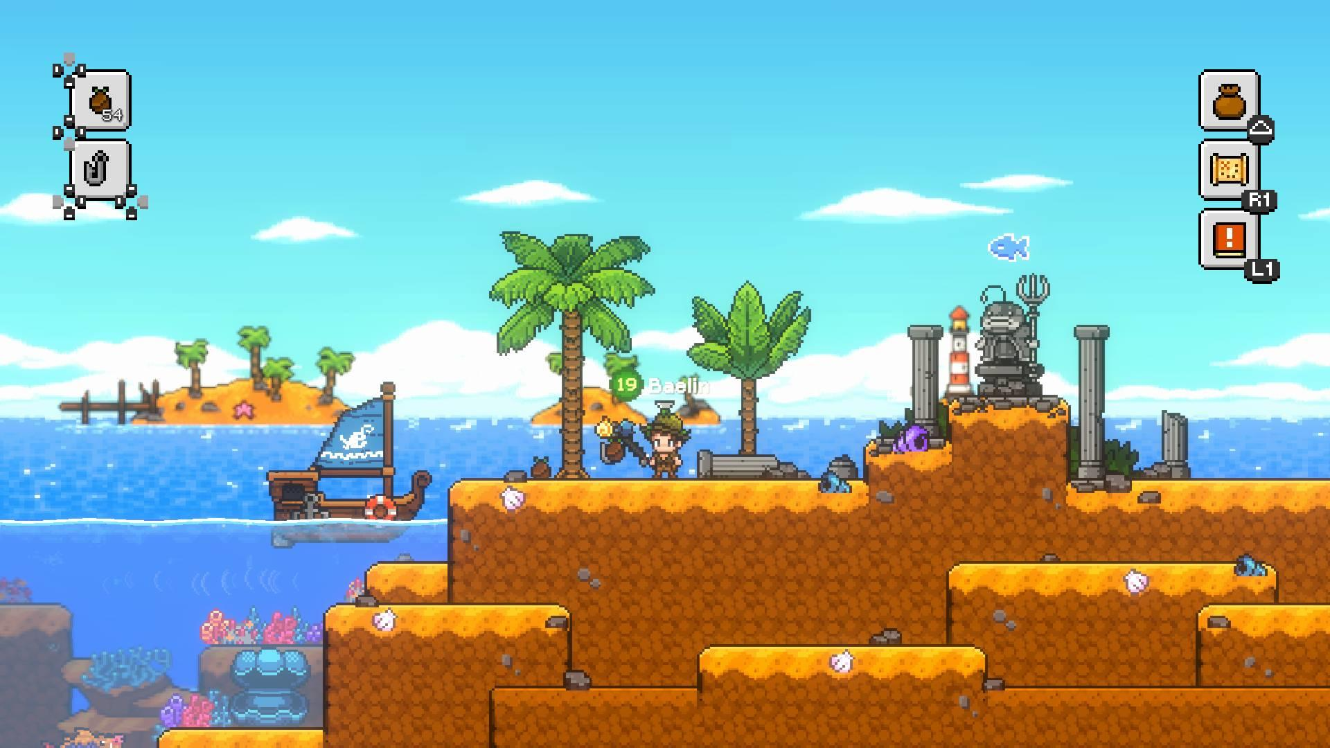 Pixelkunst-Szene: Eine Figur steht in der Nähe von Palmen, ein Boot segelt auf dem Wasser und eine Statue steht auf einer Klippe.