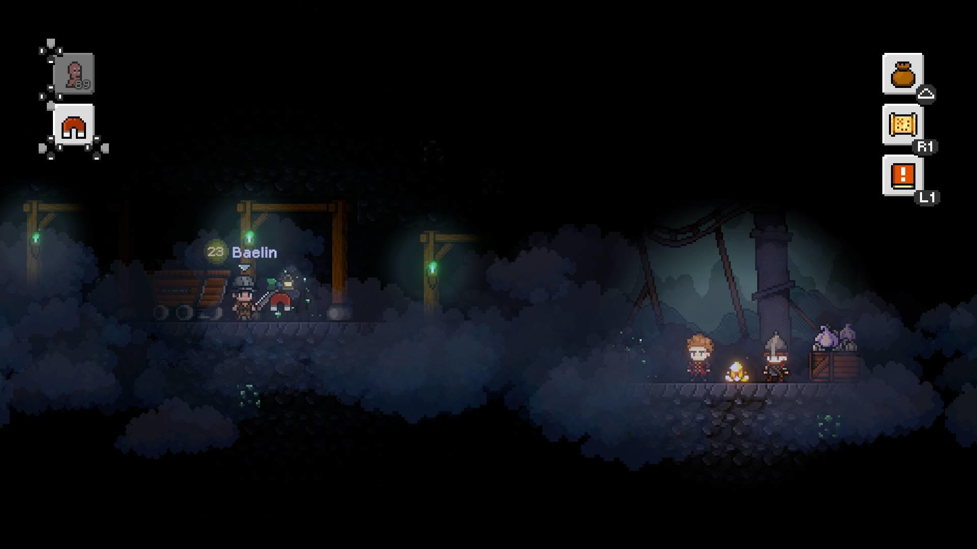 Pixelige Spielszene in einer dunklen Höhle. Charaktere, Lore und leuchtende Lichter sind sichtbar. Nebel und Dunkelheit dominieren die Szene.