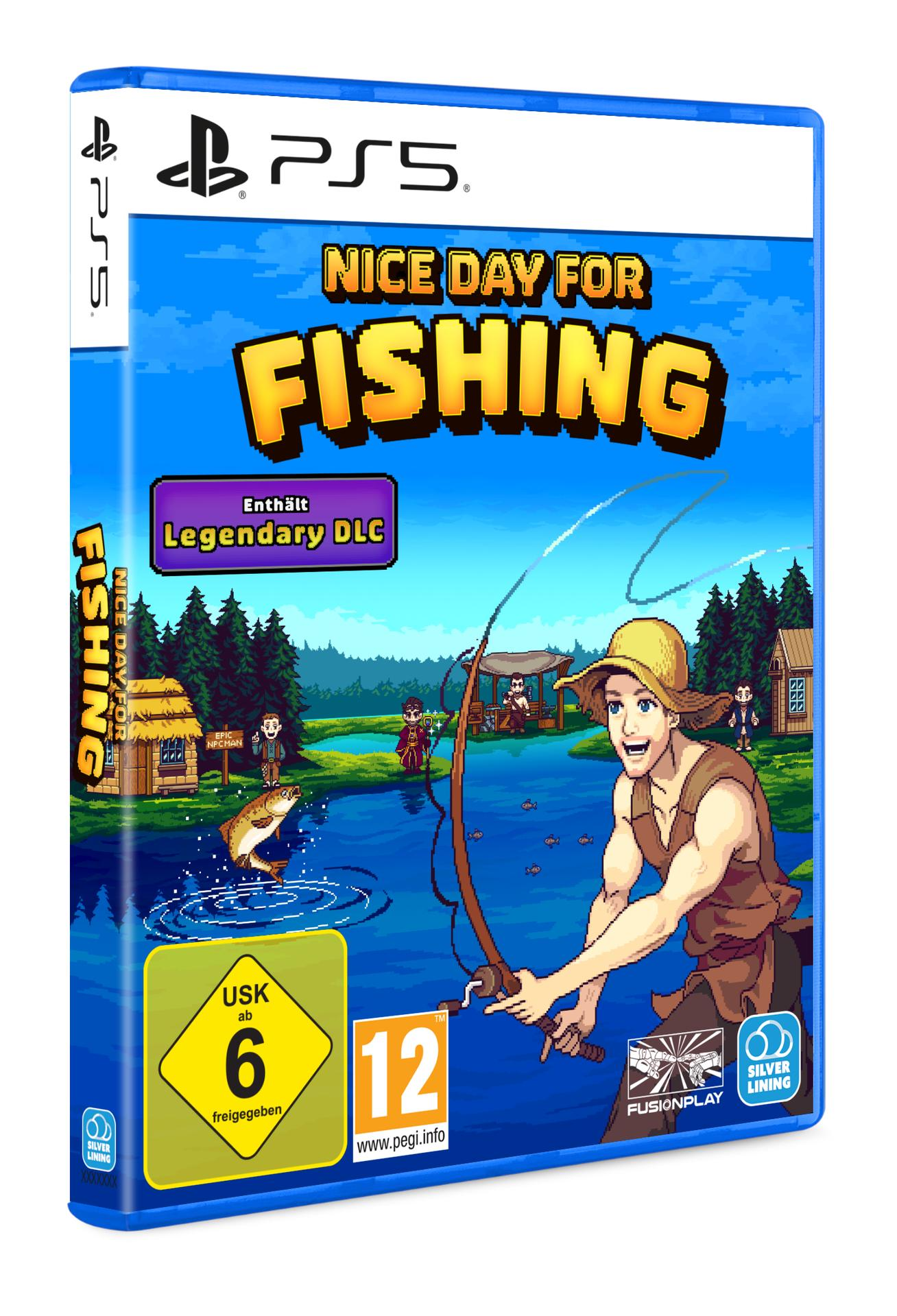 PS5-Spielcover. Zeigt einen Fischer, einen See und den Text 'Nice Day for Fishing'. Enthält Bewertungssymbole und Logos.