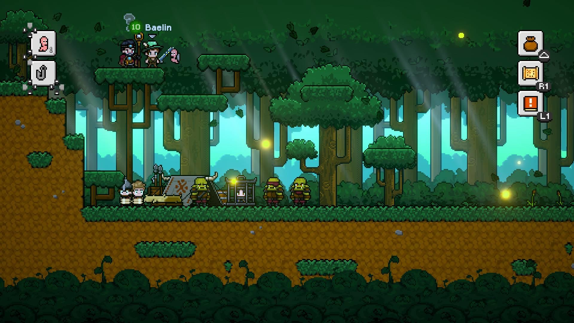 Pixelige Waldszene mit Charakteren auf Plattformen, Orks, Zelten und Käfigen. Im Hintergrund befinden sich Licht und hohe Bäume.