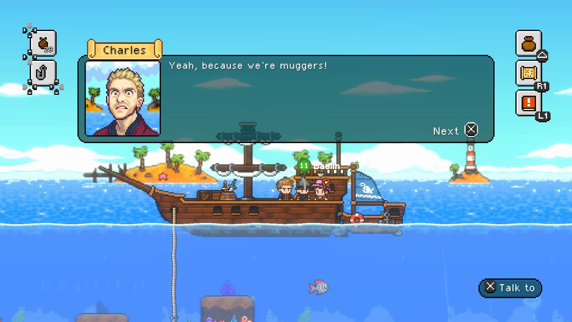 Eine pixelige Szene. Ein Schiff mit Besatzung segelt auf dem Wasser. Eine Dialogbox zeigt einen Mann mit dem Text 'Ja, weil wir Räuber sind!'
