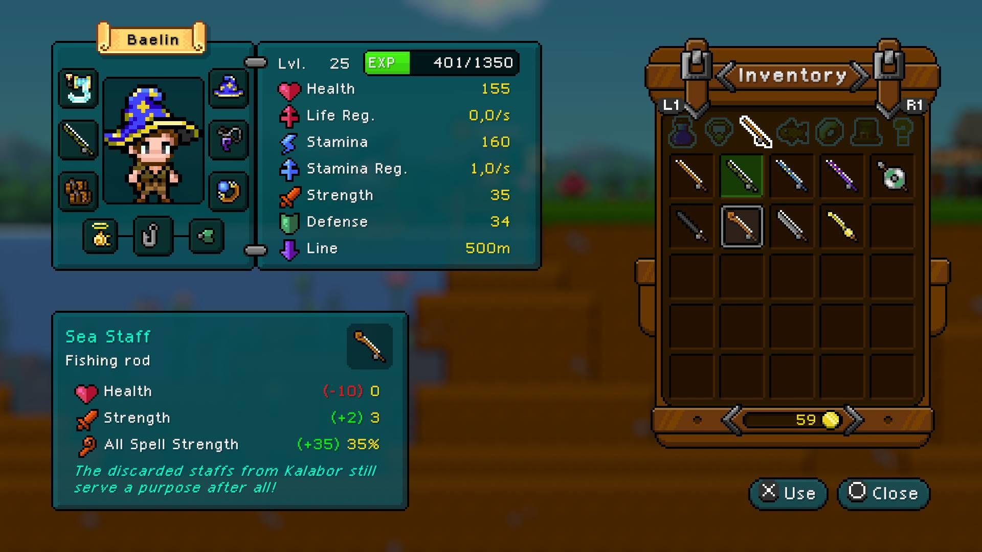 Ein pixelbasiertes Spielinterface mit Charakter, Statistiken und Inventar mit Gegenständen. Der Charakter trägt einen Zaubererhut.