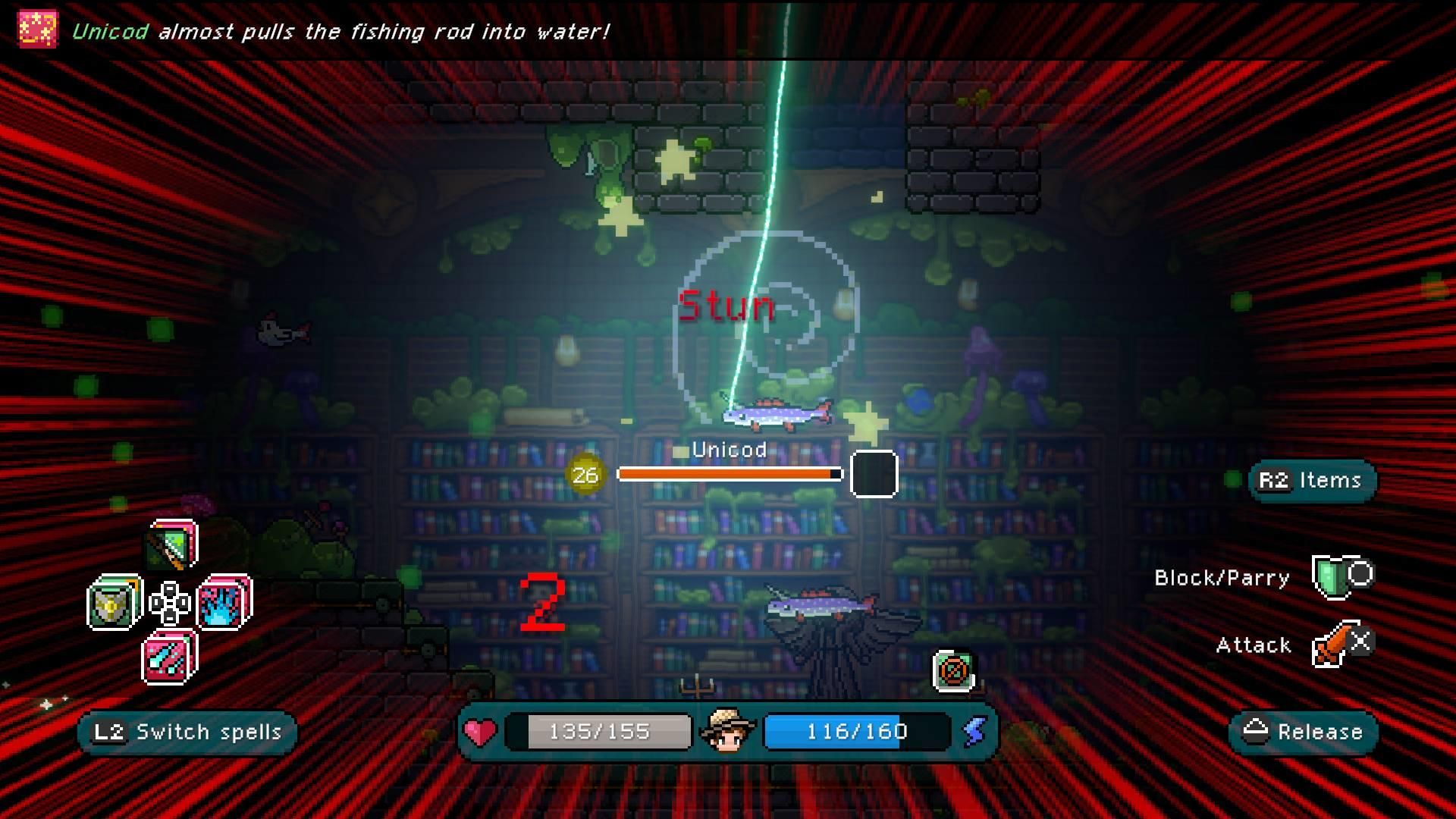 Pixeliges Spielszenario. Ein Fisch, 'Unicod', ist betäubt. Eine Figur angelt. Bücherregale füllen den Hintergrund, mit GUI-Elementen.