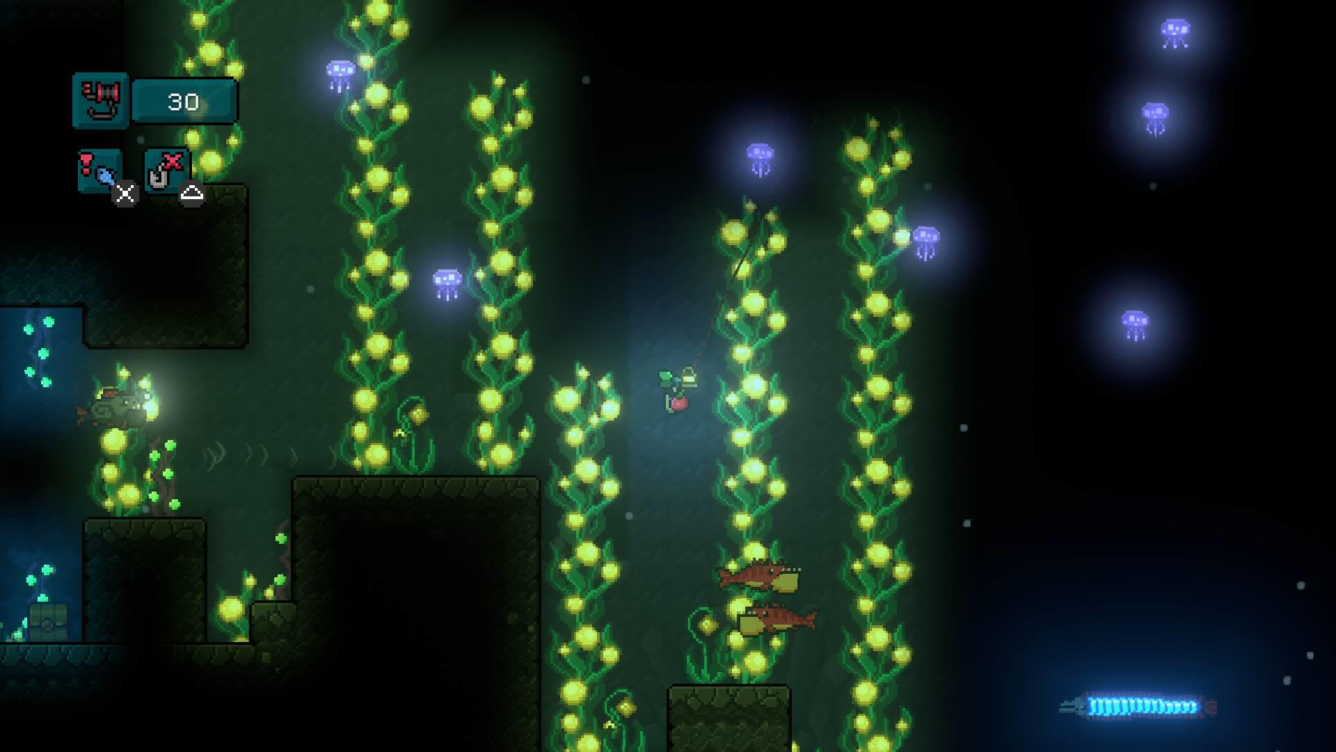 Pixelige Unterwasserszene mit Pflanzen, Fischen und Quallen. Eine Figur ist in der Mitte. Der Hintergrund ist dunkelblau.