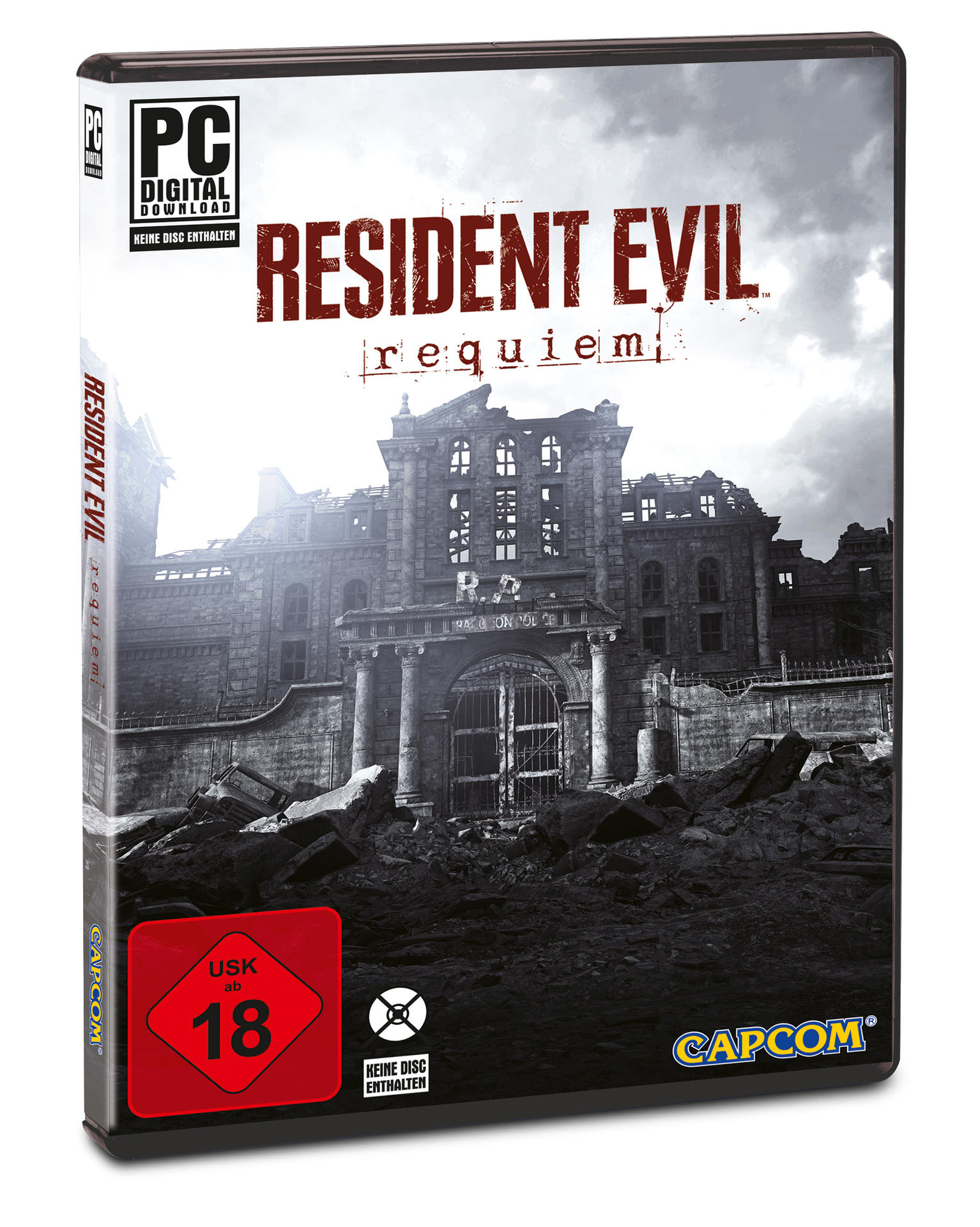 Die Resident Evil Requiem Spielbox. Sie zeigt ein zerstörtes Gebäude. Der Umschlag hat den Spieletitel und die Altersfreigabe.