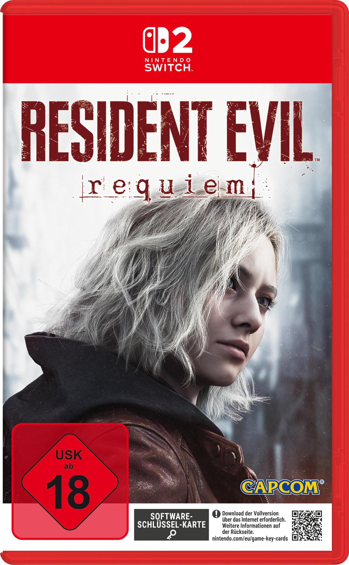 Spielcover für Resident Evil Requiem. Eine Frau mit weißem Haar schaut zur Seite. Roter Rahmen mit Nintendo Switch Logo und USK 18.