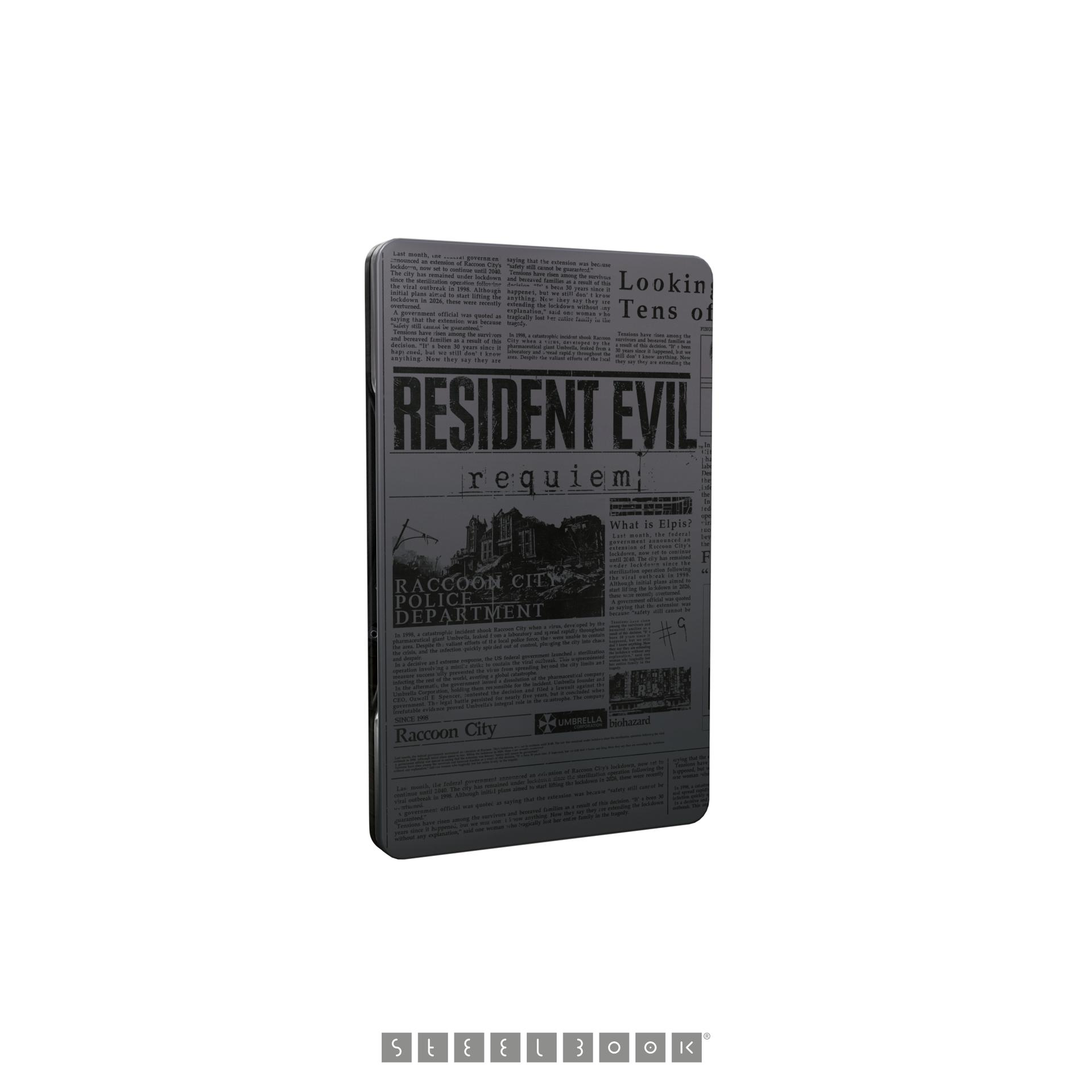 Steelbook-Cover mit Resident Evil-Zeitungsdesign. Schwarz-, Grau- und Weißtöne. Text und Bilder sind sichtbar.