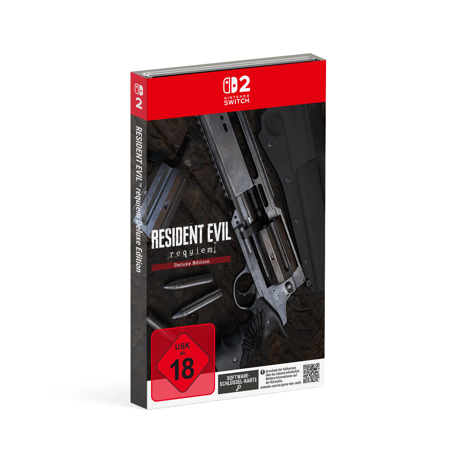 Das Spielcover von Resident Evil: Requiem Deluxe Edition für Nintendo Switch. Ein Revolver und Kugeln sind auf dem Cover abgebildet.