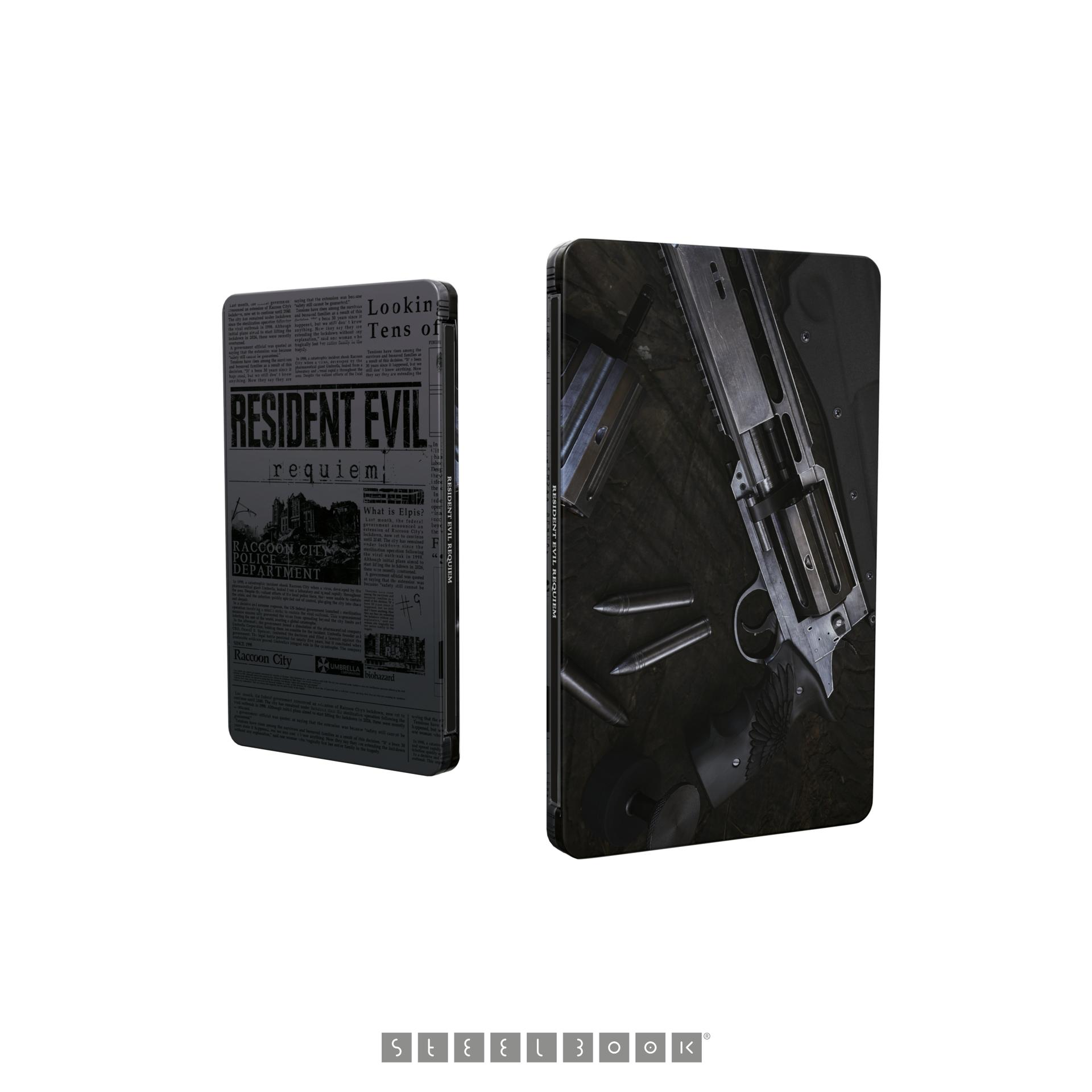 Zwei Resident Evil Steelbooks. Eines zeigt eine Zeitung, das andere einen Revolver mit Kugeln.