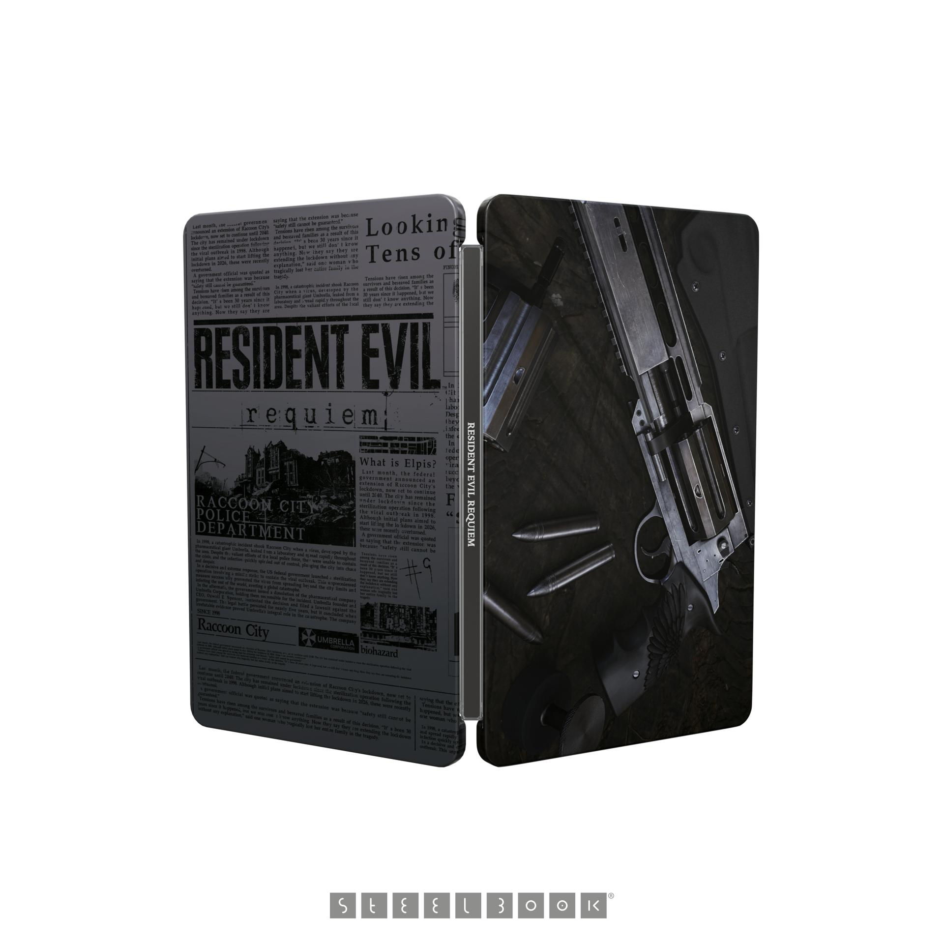 Ein Resident Evil Steelbook. Rechts eine Handfeuerwaffe und Kugeln, links Zeitungsausschnitte.