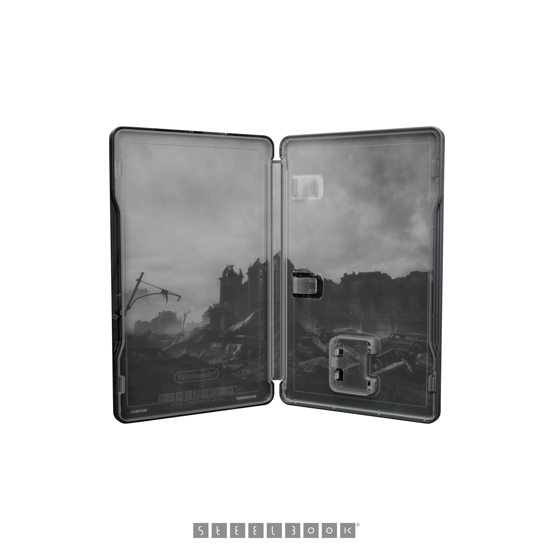 Offenes Nintendo Switch Steelbook. Zeigt eine zerstörte Stadt mit Burg. Das Gehäuse ist transparent.