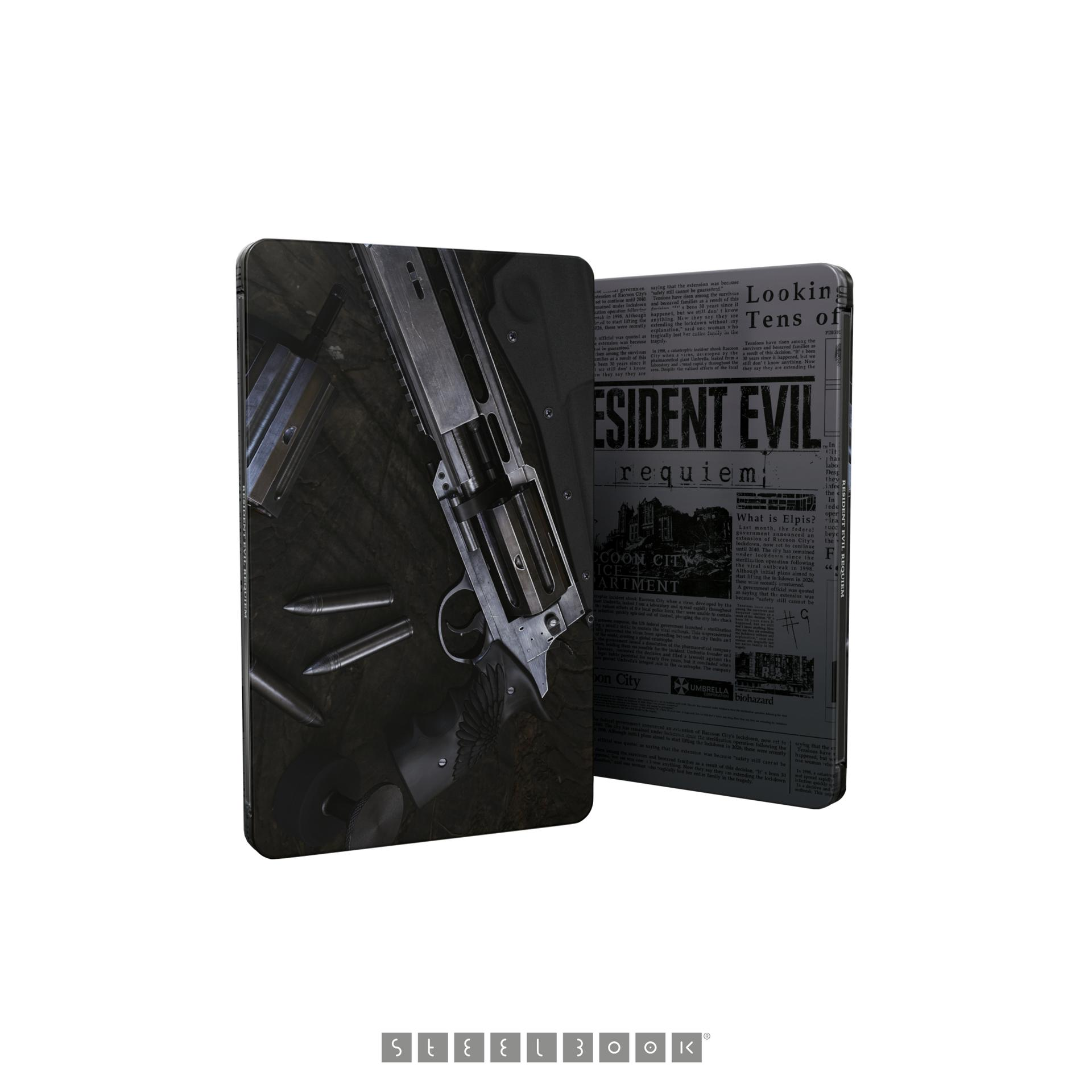 Ein Steelbook mit Revolver und Kugeln auf dunkler Oberfläche, mit Zeitungshintergrund.
