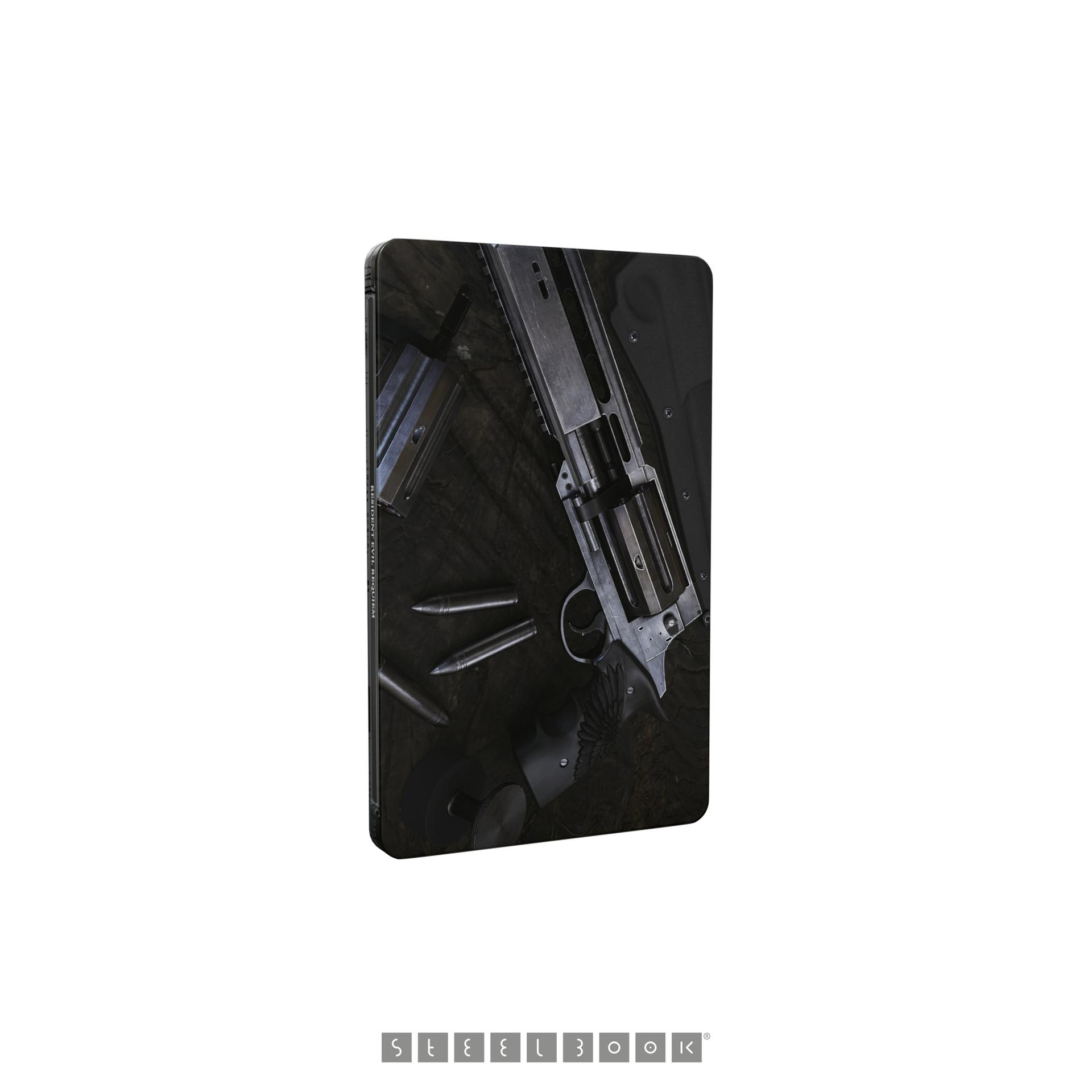 Ein Steelbook mit einer Pistole und Kugeln darauf. Der Hintergrund ist dunkel und strukturiert.