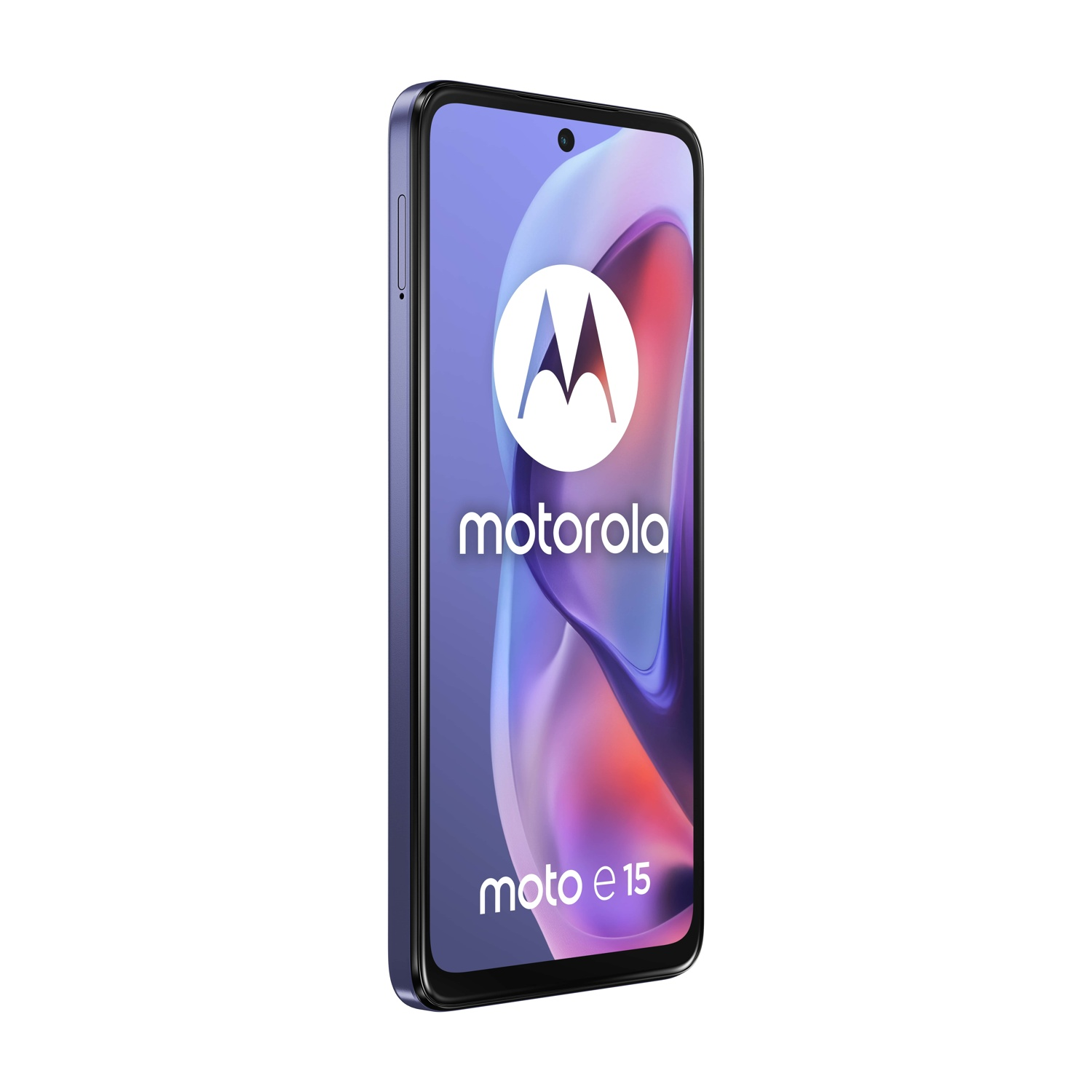 Viene visualizzato uno smartphone Motorola Moto e15. Lo schermo mostra il logo Motorola e il nome del telefono. È angolato su uno sfondo bianco.