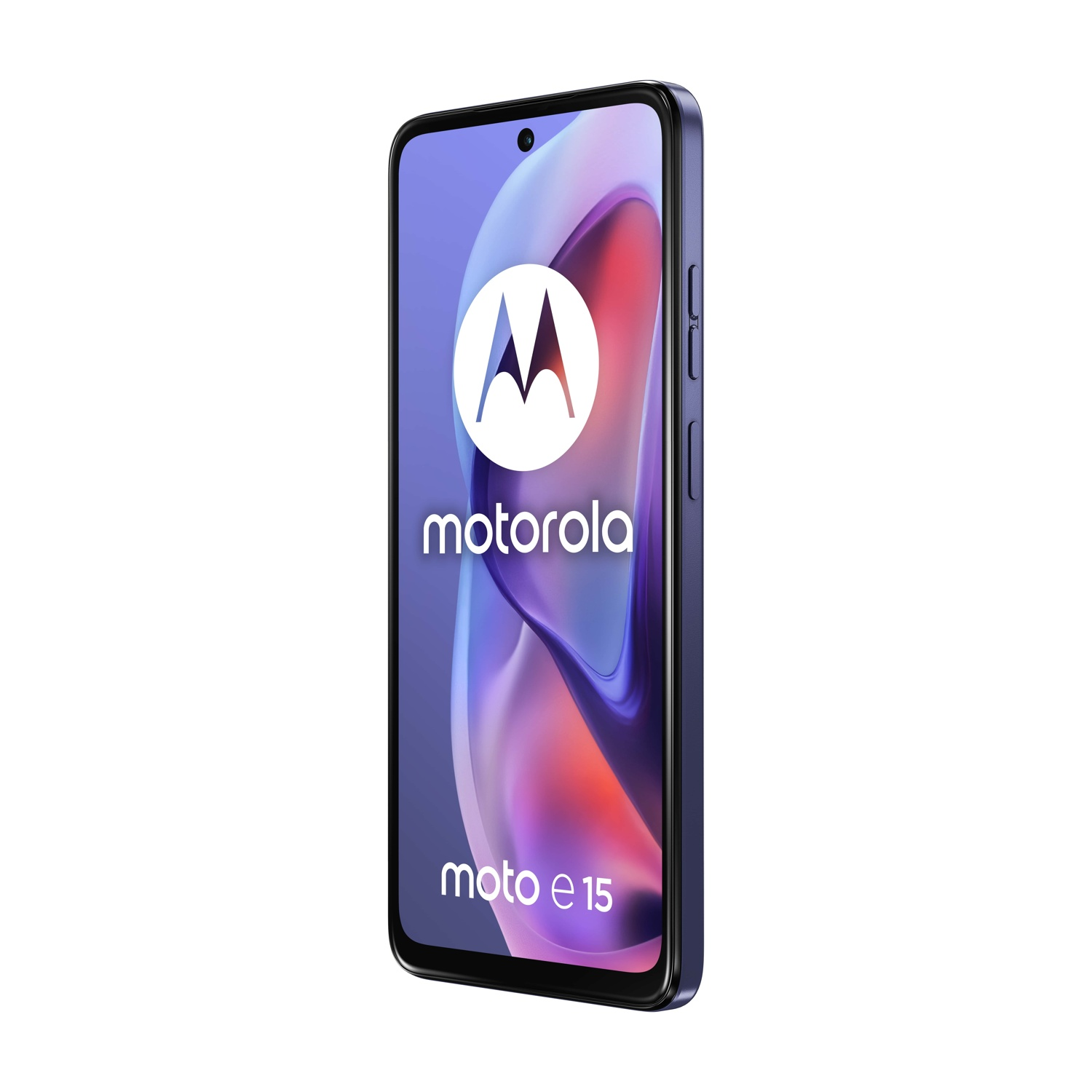 Uno smartphone Motorola Moto E15. Ha una cornice blu e uno schermo che mostra il logo Motorola, con sfondo bianco.