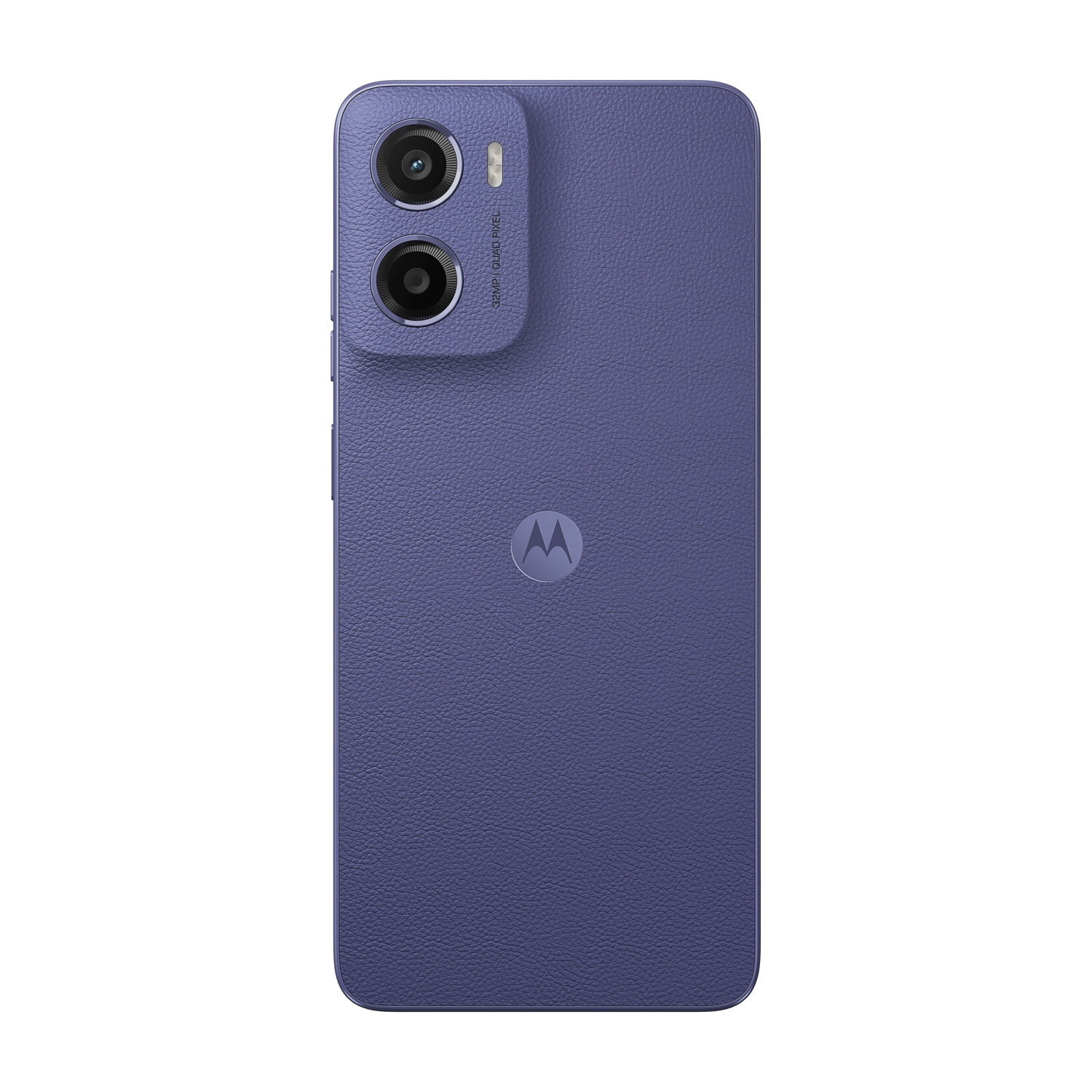 Un telefono Motorola viola con doppia fotocamera e logo Motorola. Il telefono ha un retro strutturato. Lo sfondo è bianco.
