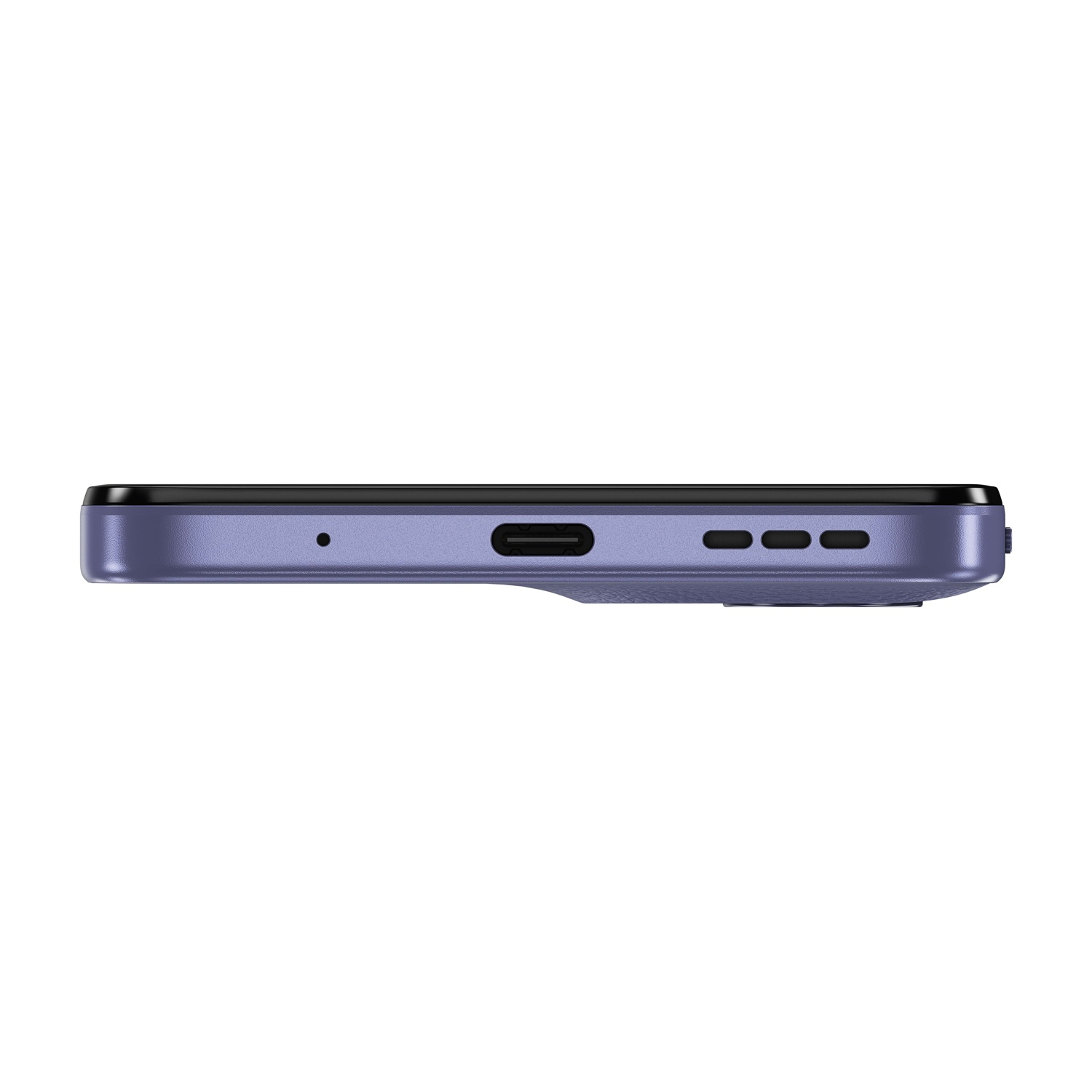 Vista laterale di uno smartphone viola. Sono visibili la porta di ricarica, il microfono e gli altoparlanti. Il telefono ha un bordo nero.