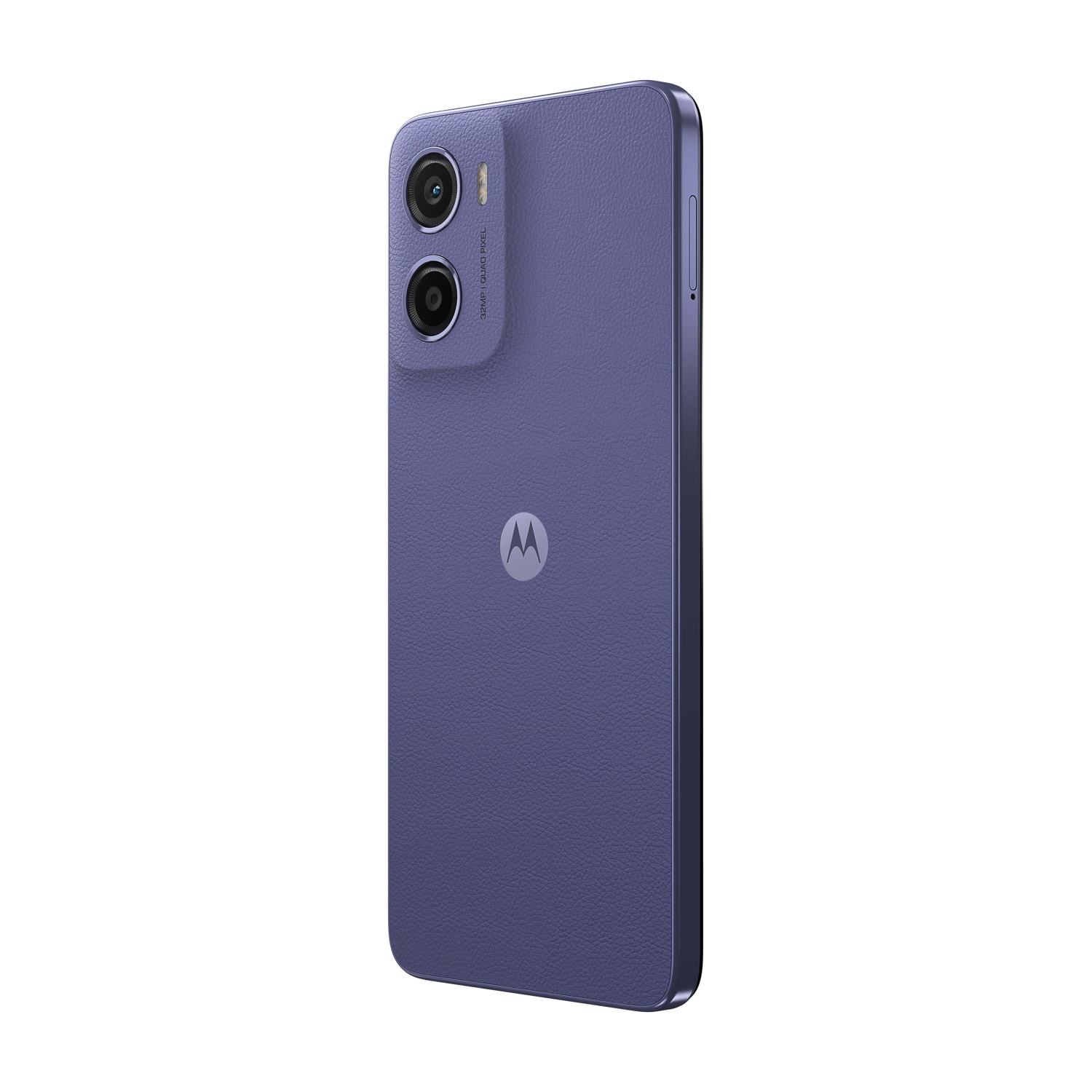 Uno smartphone Motorola viola. Ha due obiettivi, un flash e il logo Motorola. Il telefono è inclinato verso destra.