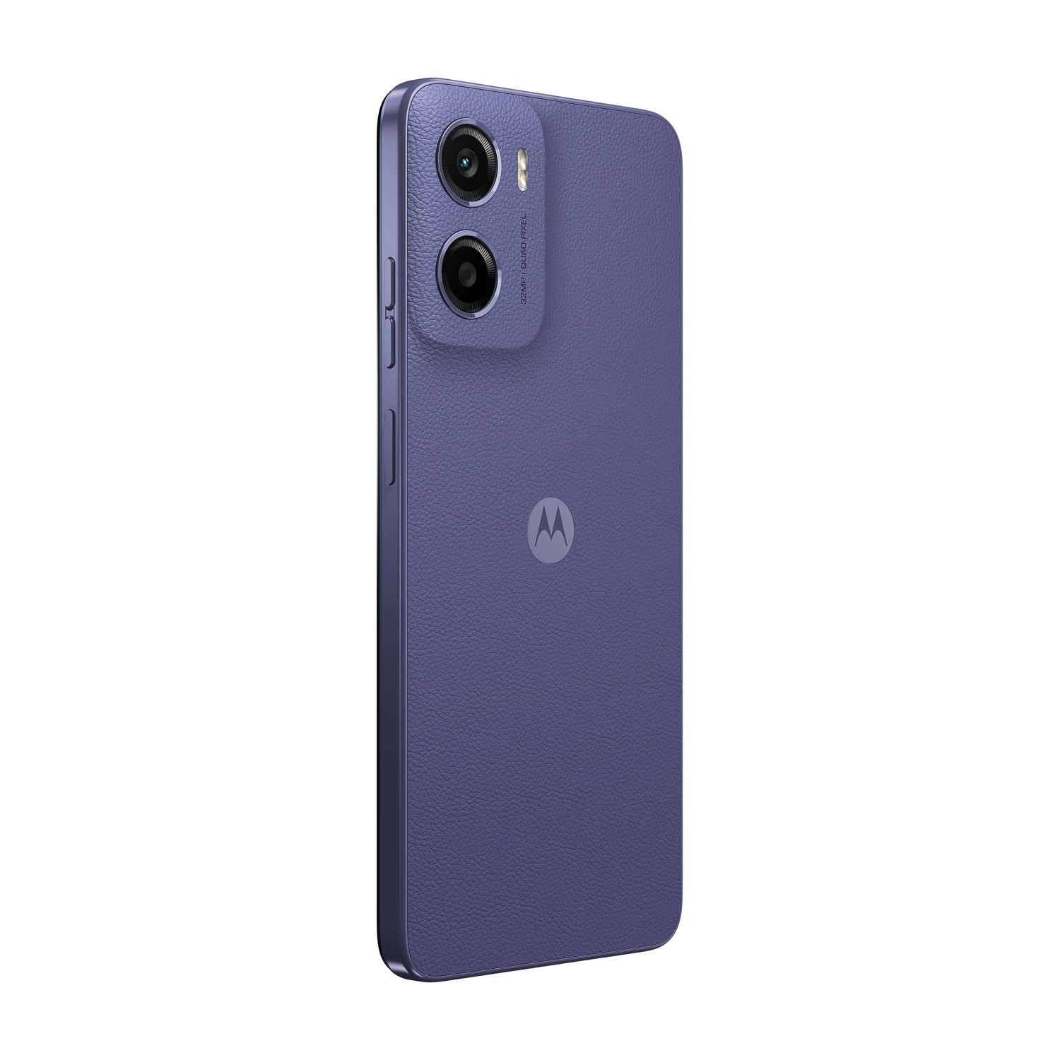 Uno smartphone viola su sfondo bianco. Ha un'estensione della fotocamera e il logo Motorola. Il lato del telefono presenta pulsanti.