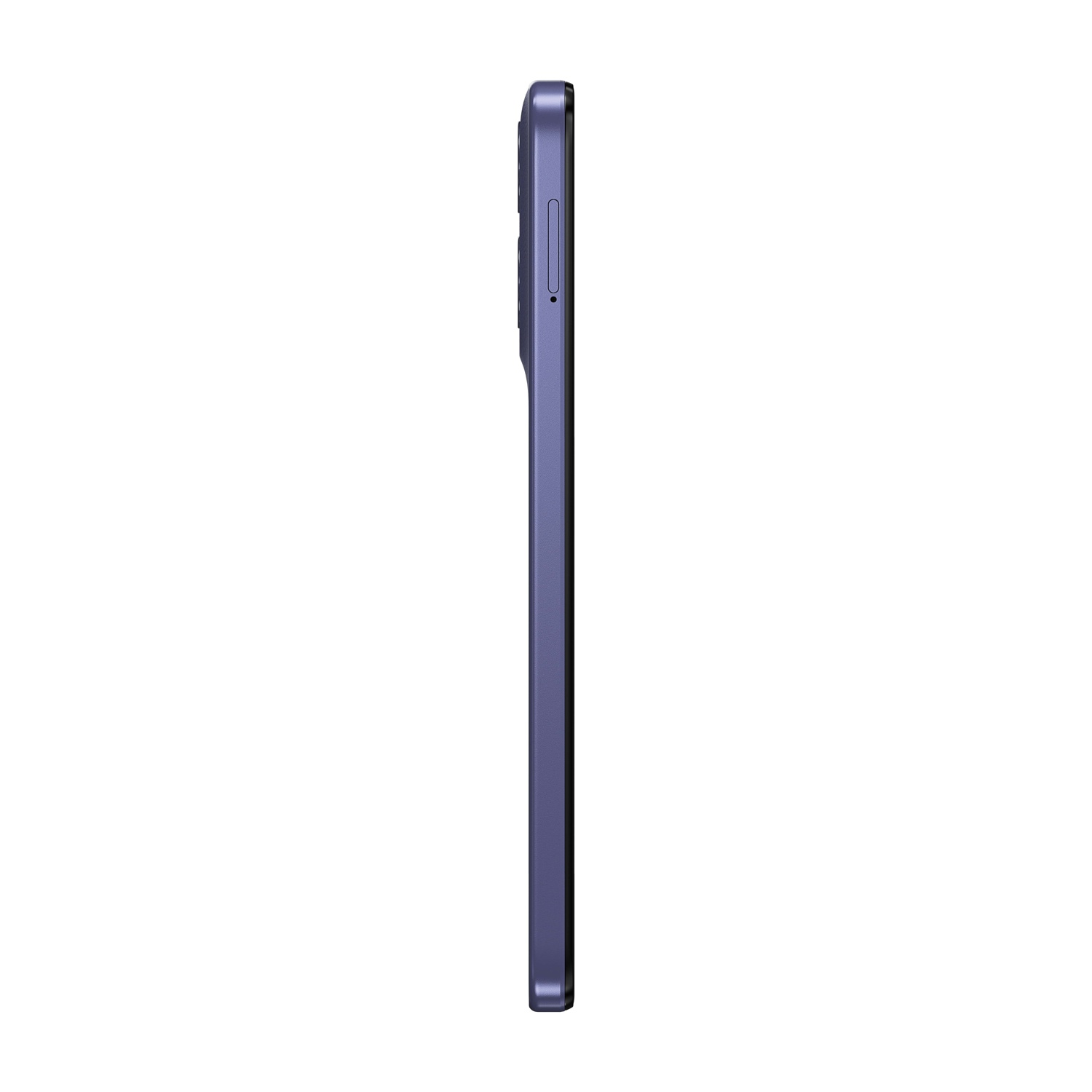 Vista laterale di uno smartphone viola. Visibili il pulsante di accensione, lo slot per la SIM e i pulsanti del volume. Lo sfondo è bianco.