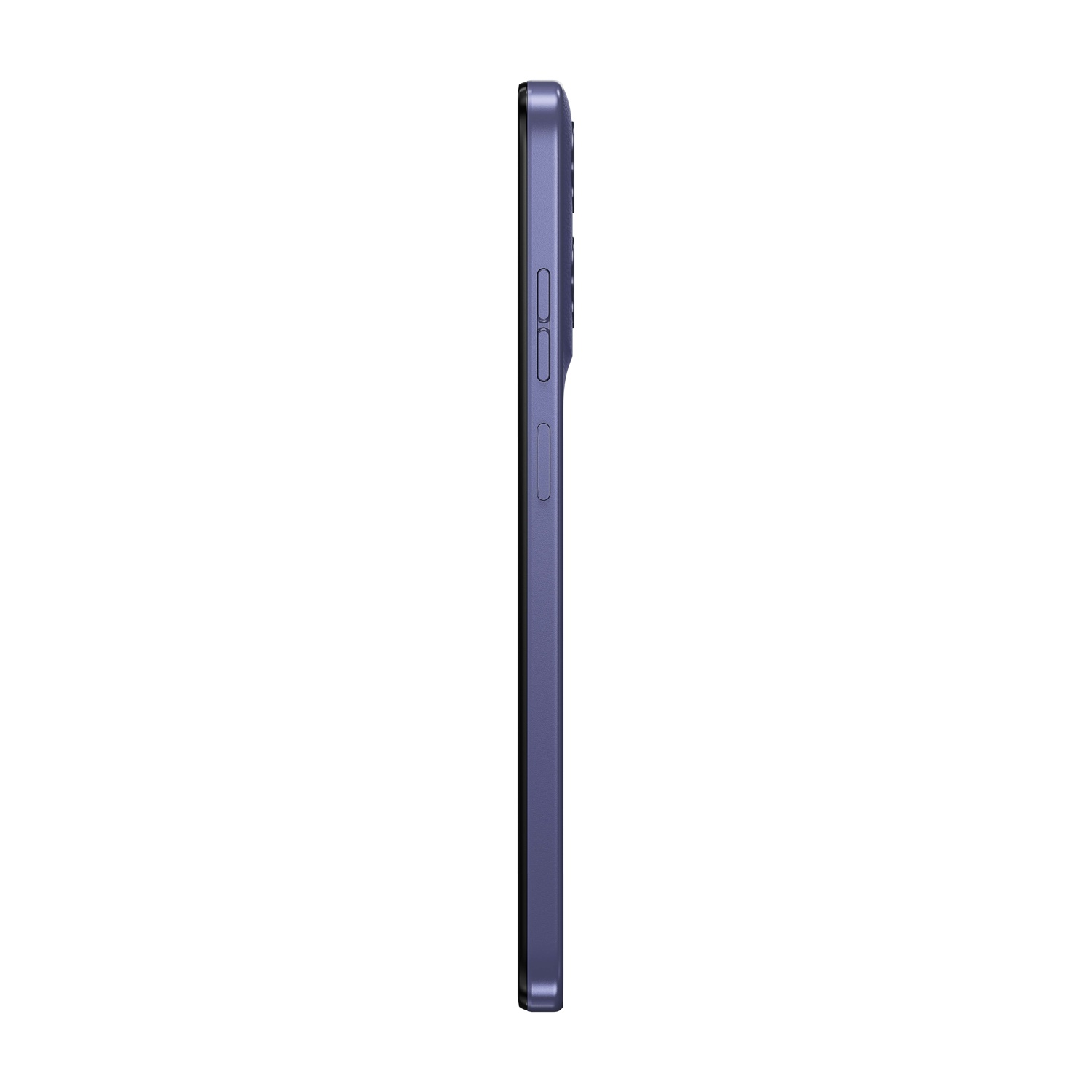 Vista laterale di uno smartphone viola. Visibili i pulsanti del volume, il pulsante di accensione e l'obiettivo della fotocamera. Sfondo bianco.