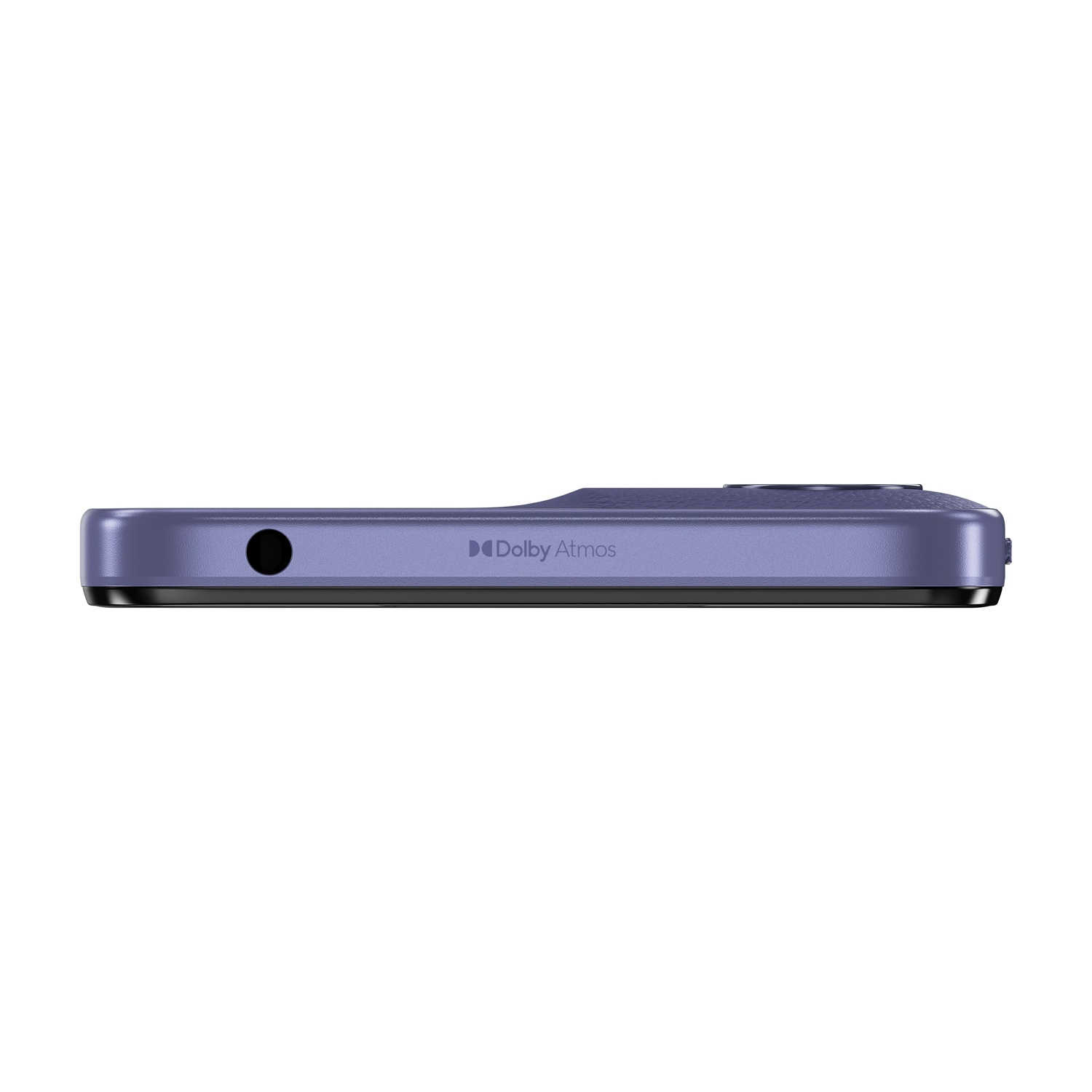 Vista laterale di uno smartphone viola. Ha una porta circolare nera, il logo Dolby Atmos e una cornice nera.