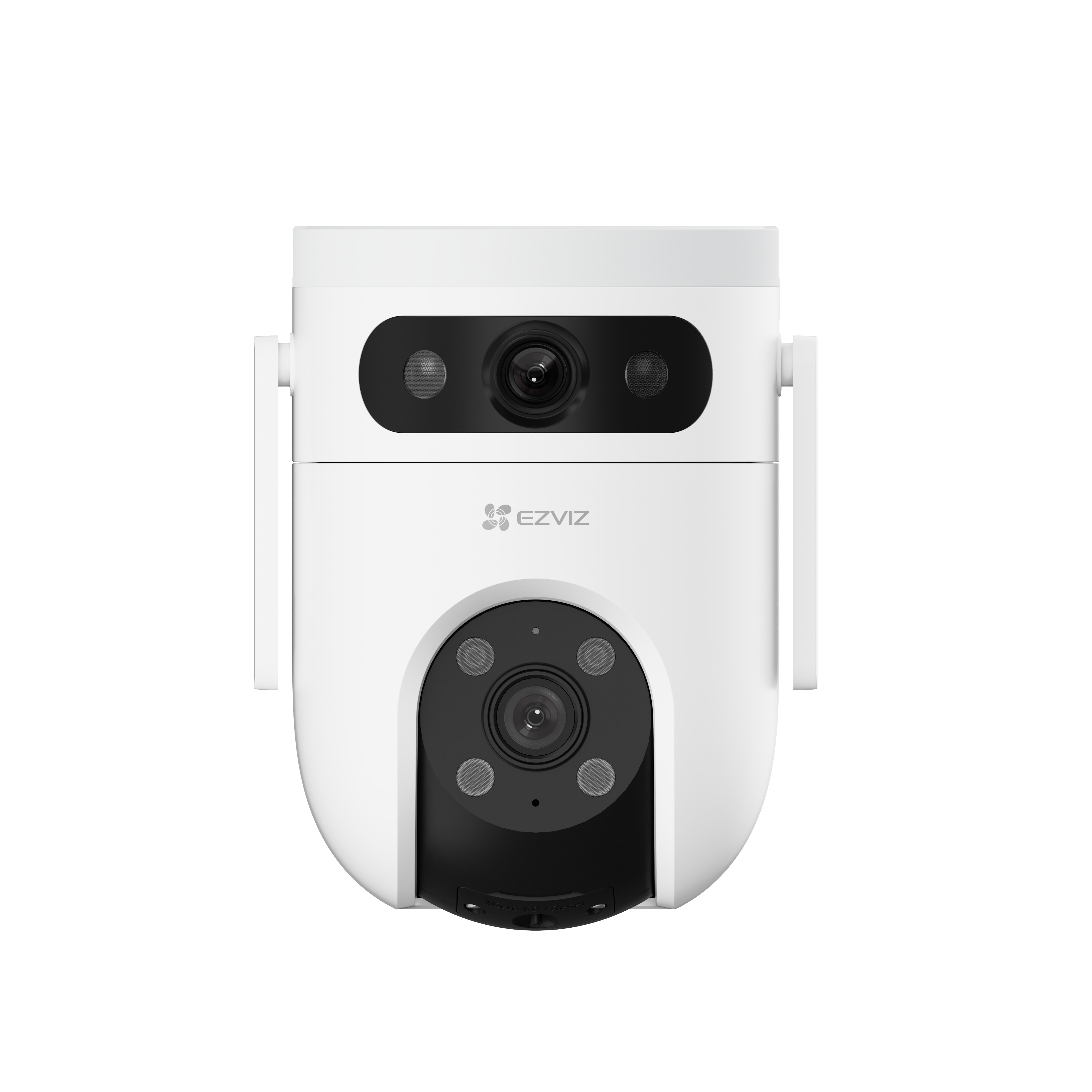 Beyaz EZVIZ güvenlik kamerası. İki lensi ve çeşitli sensörleri var. Siyah arka plan.