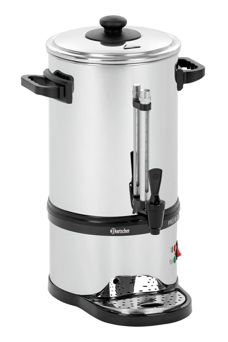 Ein silberner Bartscher Kaffee-Kocher mit schwarzem Deckel, Griffen und einem Wasserhahn. Er hat eine Wasserstandsanzeige und einen schwarzen Sockel.