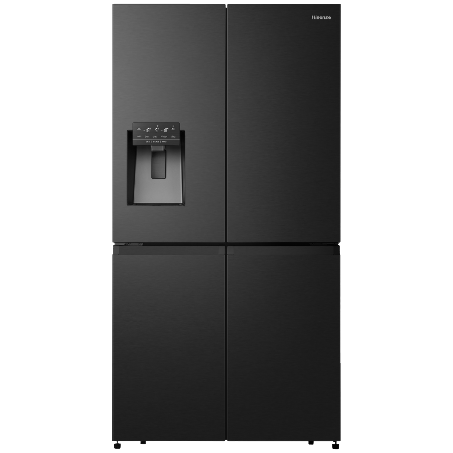 A black Hisense refrigerator with four doors. It has a water and ice dispenser. The brand name is at the top.