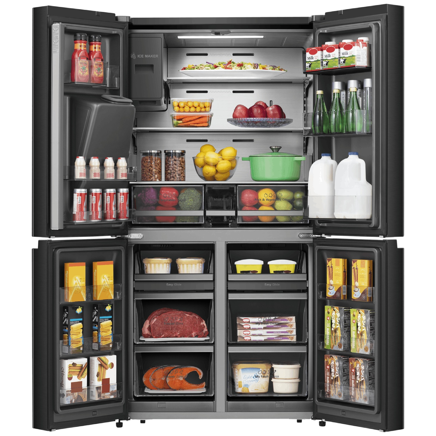 Open black refrigerator filled with food: fruits, vegetables, drinks, and packaged goods. Various items are stored on shelves and in drawers.