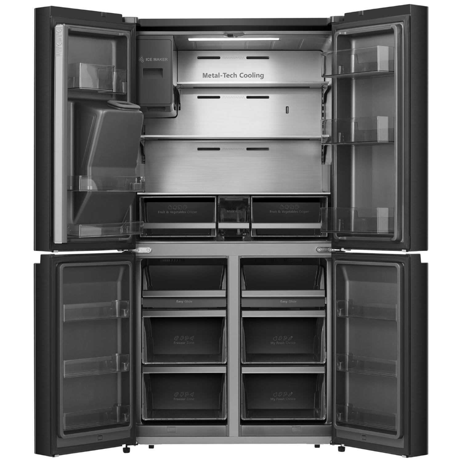 Open black refrigerator with multiple compartments and drawers. Features 'ICE MAKER', 'Fruit & Vegetables Crisper' and 'Metal-Tech Cooling'.