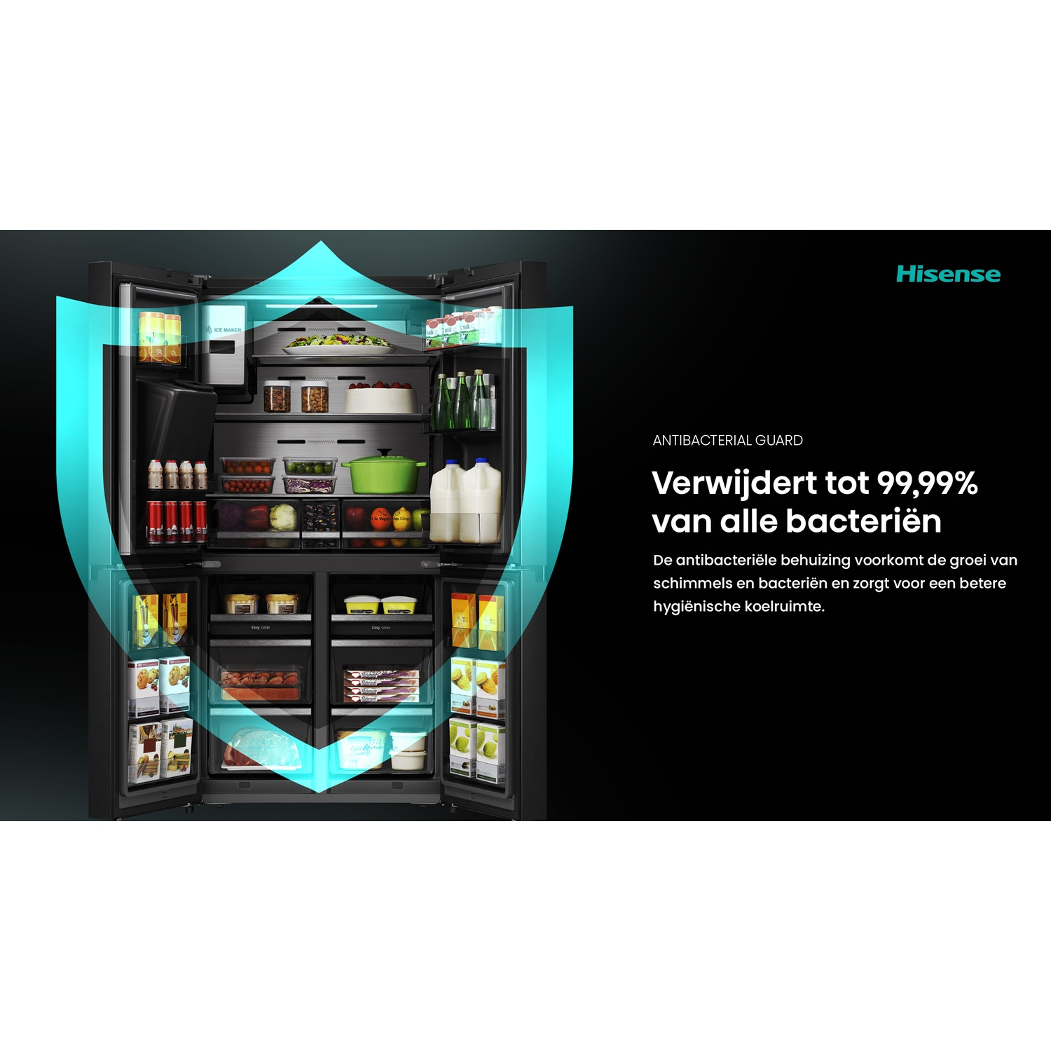 Open refrigerator with food inside. The text says antibacterial guard, removes 99.99% of all bacteria. Hisense logo is visible.