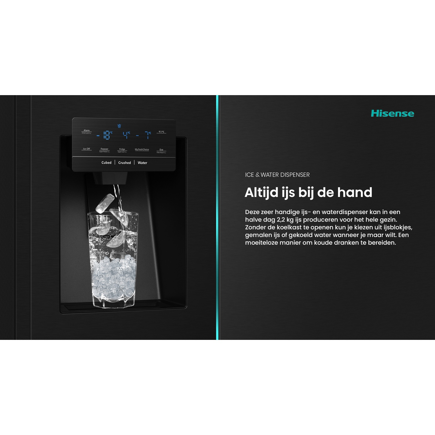 A black refrigerator dispenses ice and water into a glass. Digital display shows temperatures. The brand name Hisense is visible.