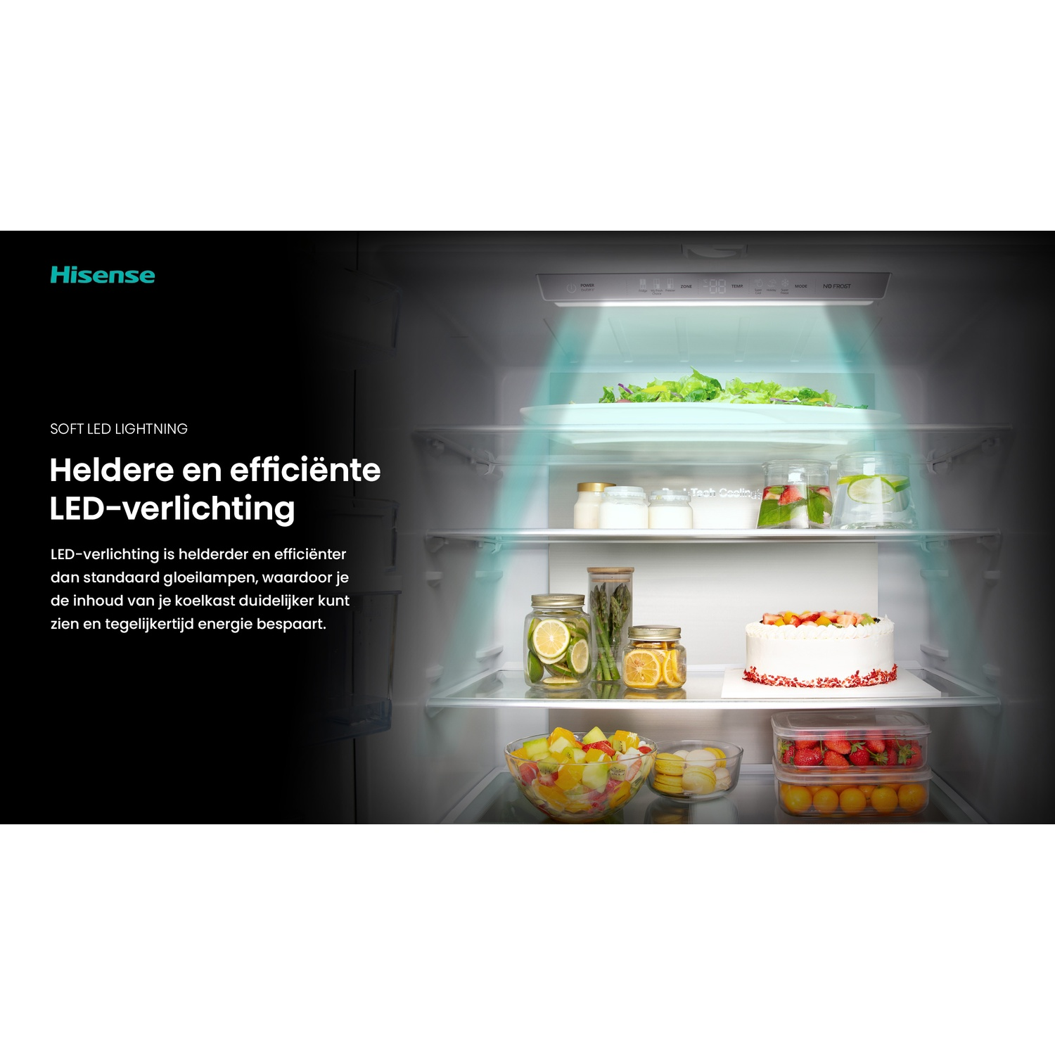 Inside a refrigerator, fruits, vegetables, and a cake are visible. LED lighting illuminates the contents, showcasing freshness and efficiency.
