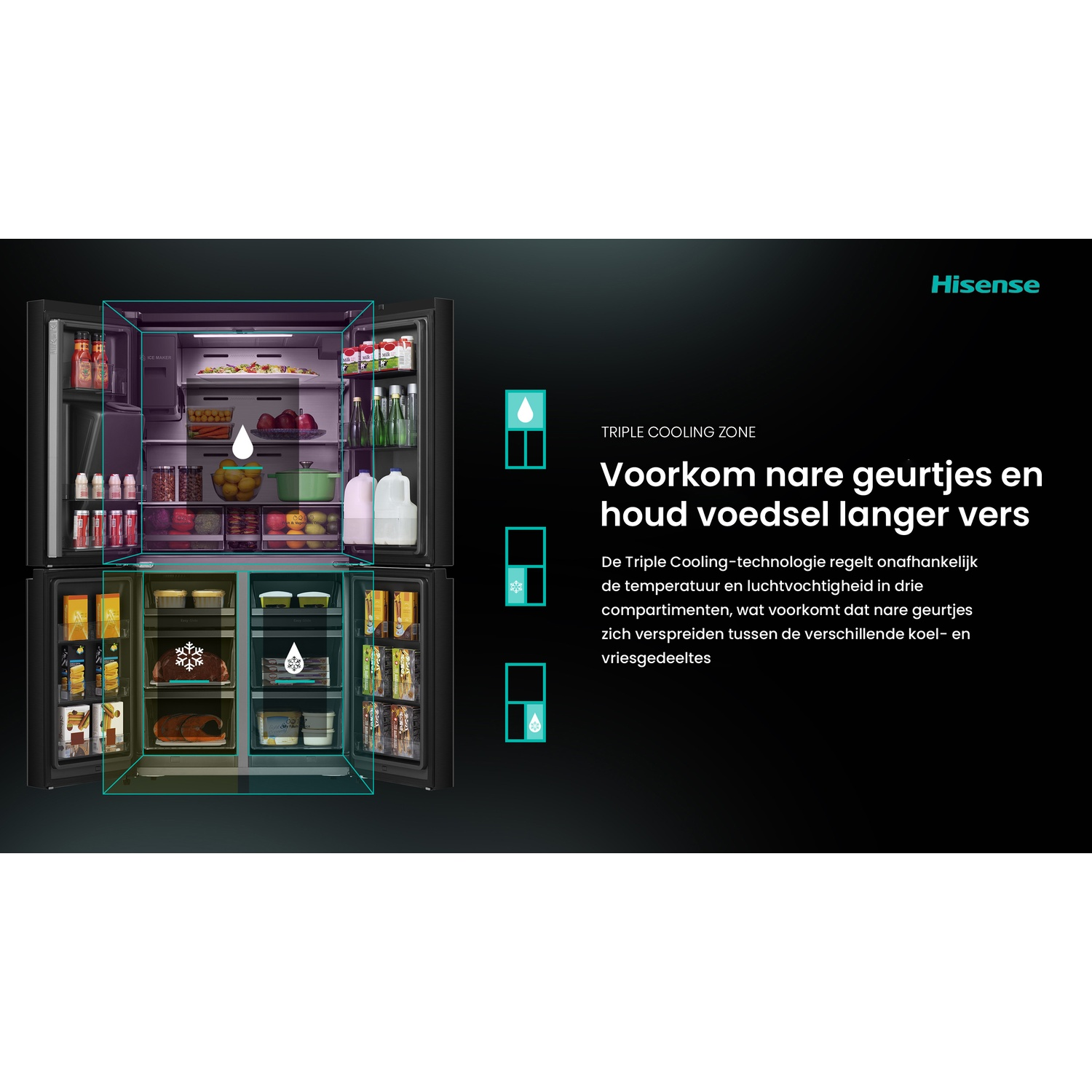 Open black Hisense refrigerator showing food items. Text: Triple cooling zone, prevents odors, keeps food fresh.